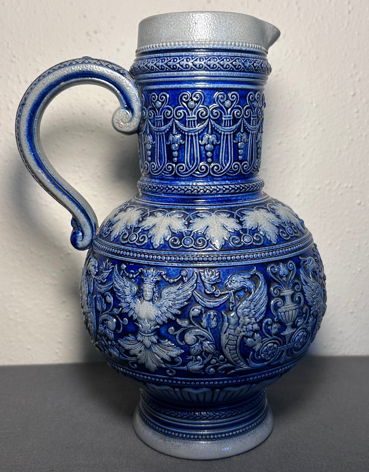 Late 19th Century German Renaissance Revival Style Marzi & Remy Westerwald Salt Glazed Stoneware Ewer