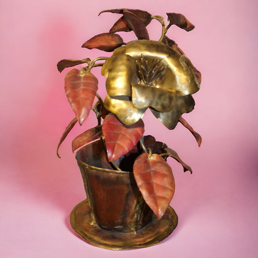 Vintage 1960's American Brutalist Welded Copper/Brass Rose in Flower Pot Sculpture