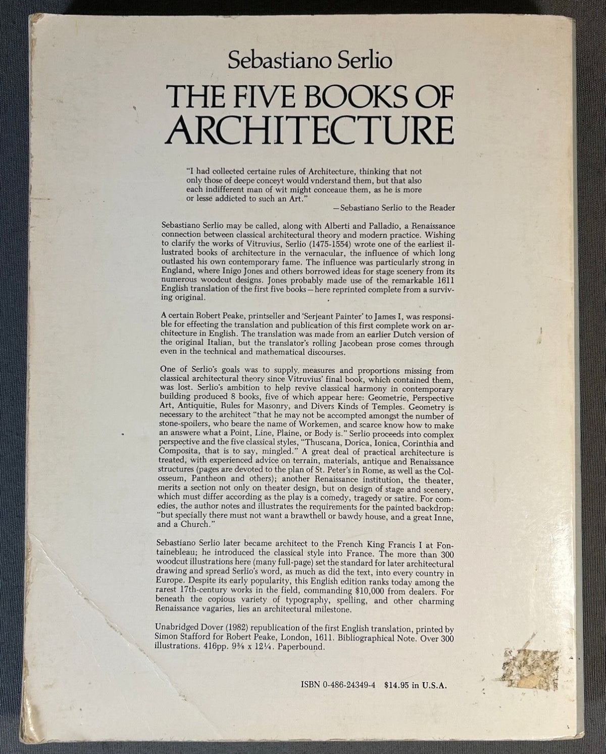 Vintage 1982 “The Five Books of Architecture: An Unabridged Reprint of the English Edition of 1611” by Sebastiano Serlio Softcover Book