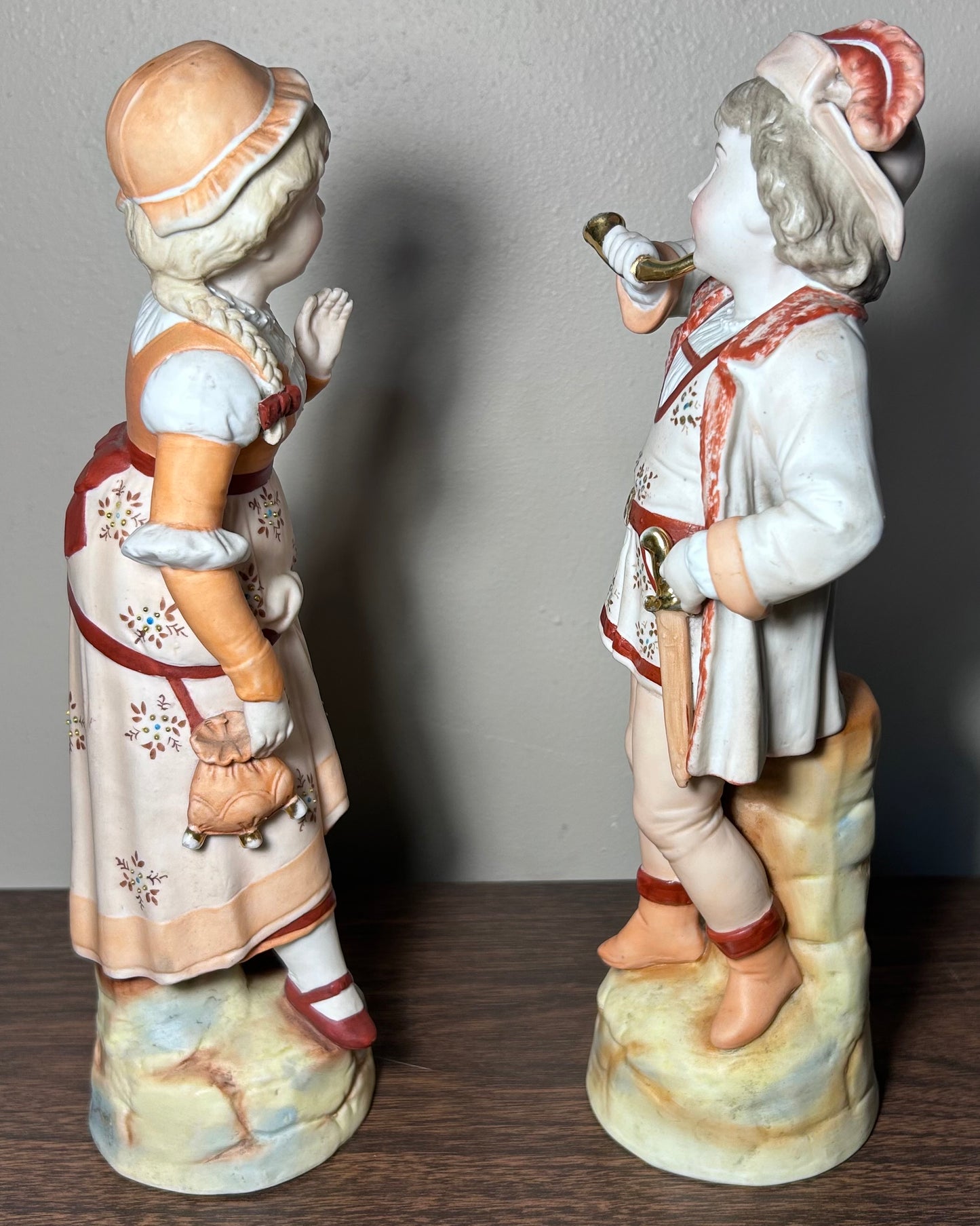 Set of 2 Late 19th Century German Victorian Conta & Boehme Bisque Porcelain Young Boy and Girl Figurines