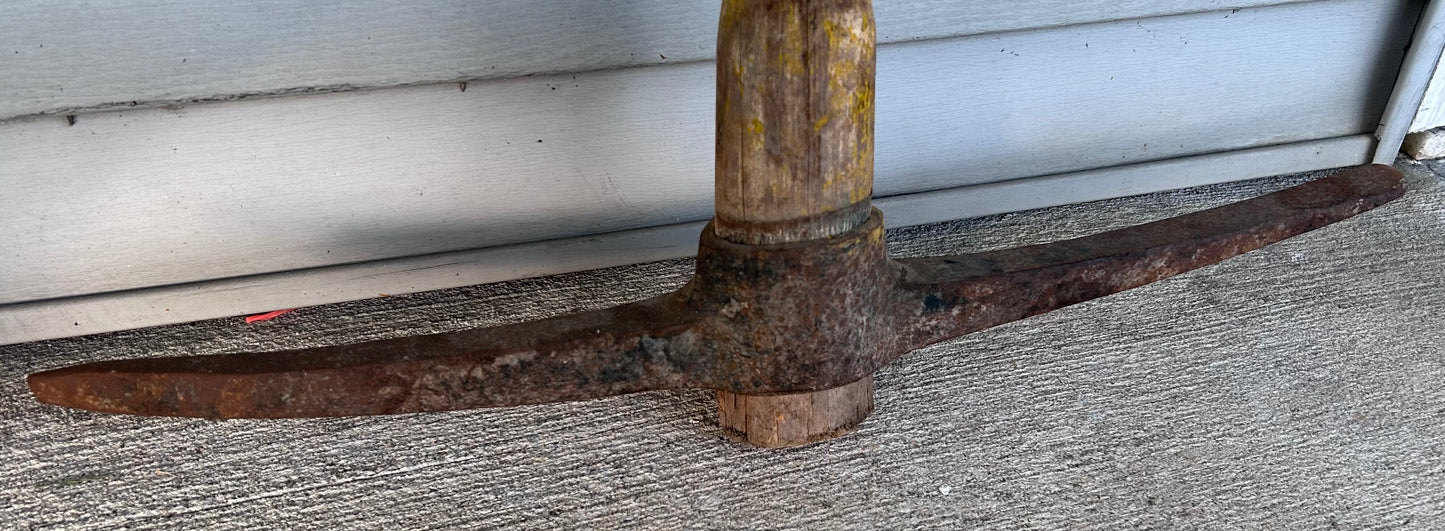 Vintage 1950’s Japanese Hand Forged Cast Iron Head Yellow Painted Wooden Handle Mining Pickaxe Tool