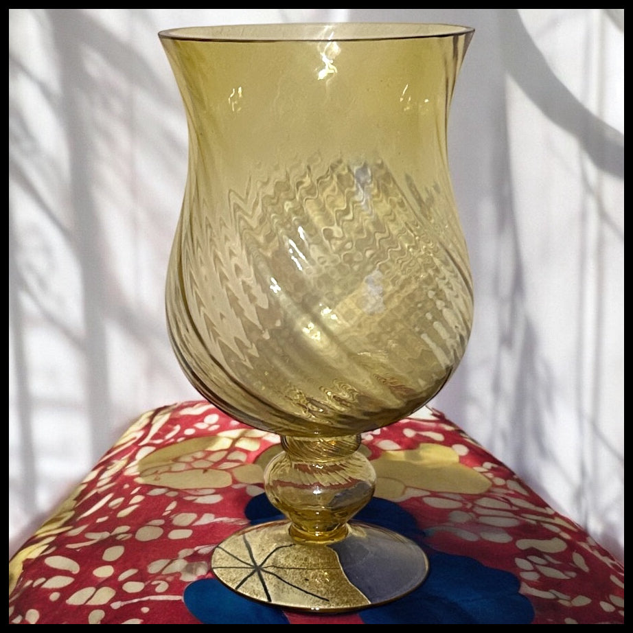 Vintage Circa 1970 Italian Empoli Topaz Glass Optic Swirl Pattern Footed Vase