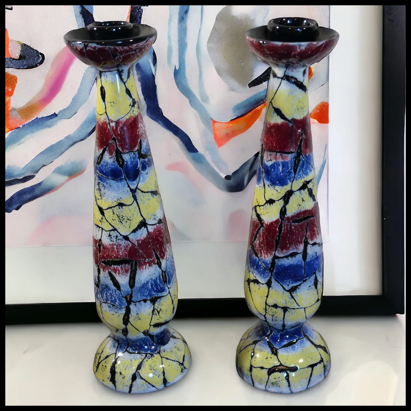 Pair of Vintage 1960’s Italian Mid Century Modern San Polo Ceramics Crackle Finish Candlesticks