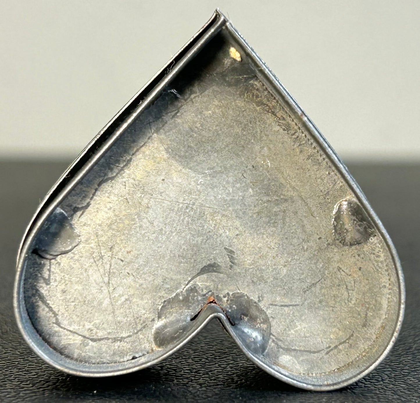 Vintage Circa 1970 American Folk Art Heart-Shaped Tin Metal Trinket Box with Wire Heart Handle