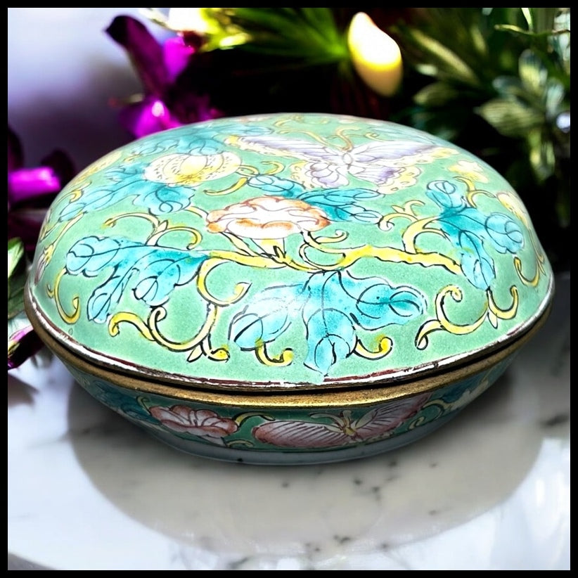 Vintage 1986 Knights of Sparta Chinese-Style Cloisonne on Brass Butterfly/Floral Motifs Round Trinket Box Mardi Gras Krewe Favor