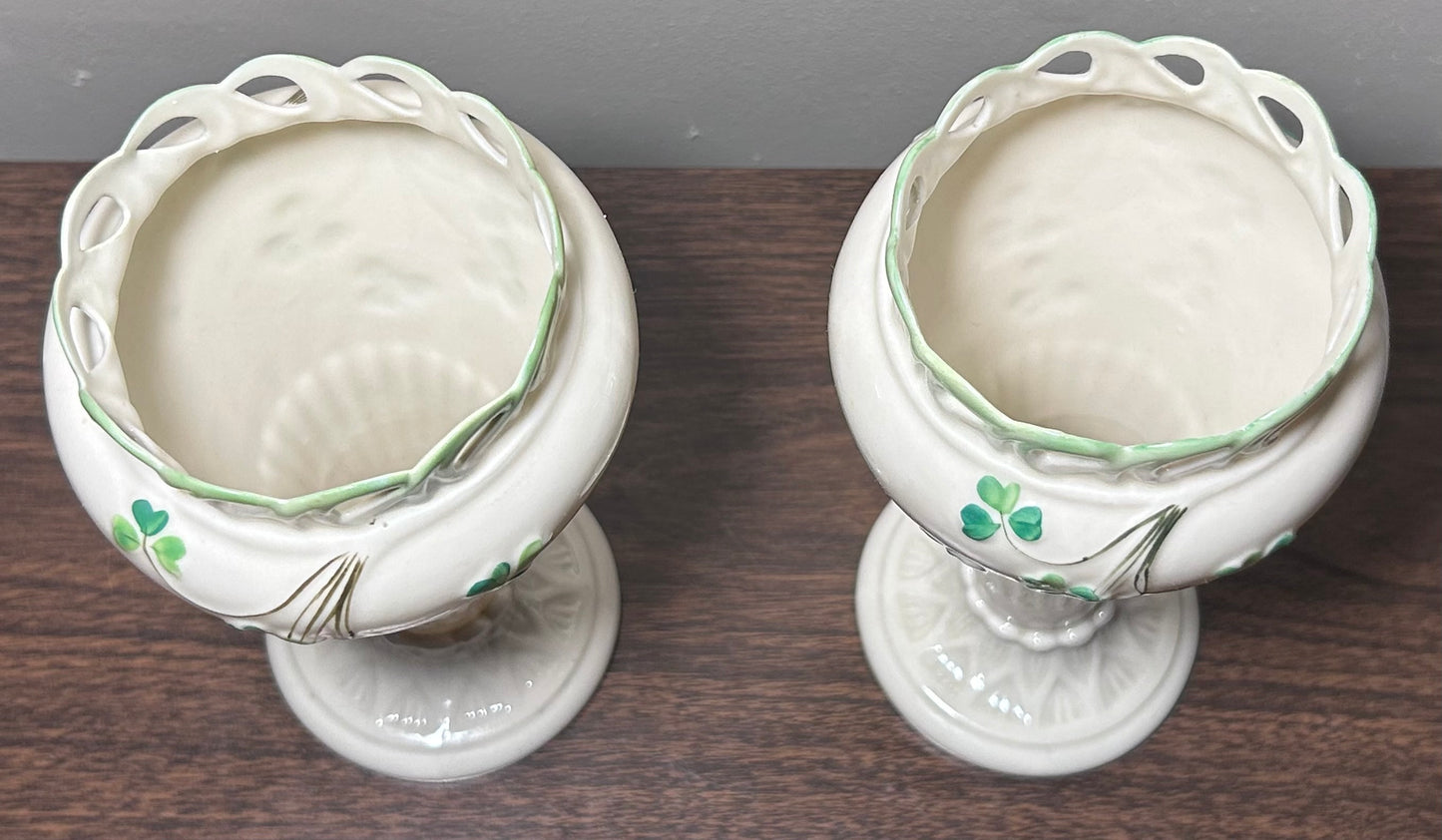 Pair of 1891-1926 Irish Belleek Porcelain Pierced Shamrock Vases (2nd Mark)
