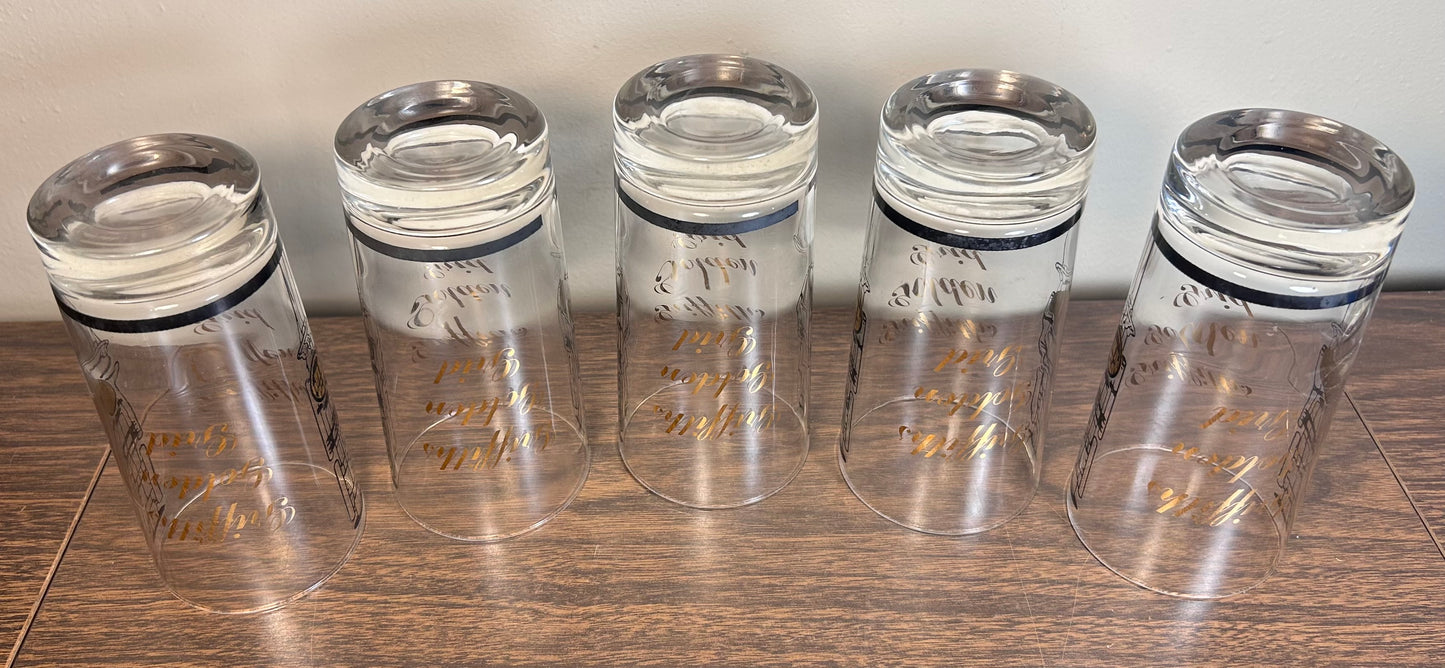 Set of 5 Vintage 1960’s American Mid Century Modern Griffiths Golden Grid Gilded Television Component Motifs Highball Glasses