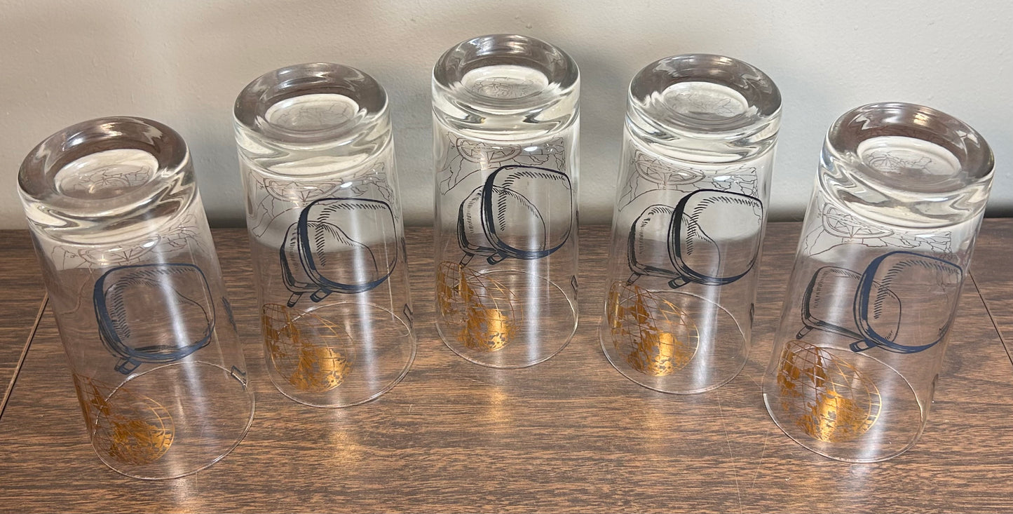 Set of 5 Vintage 1960’s American Thomas Electronics Mid Century Modern Gilded Television Component Motifs Highball Glasses