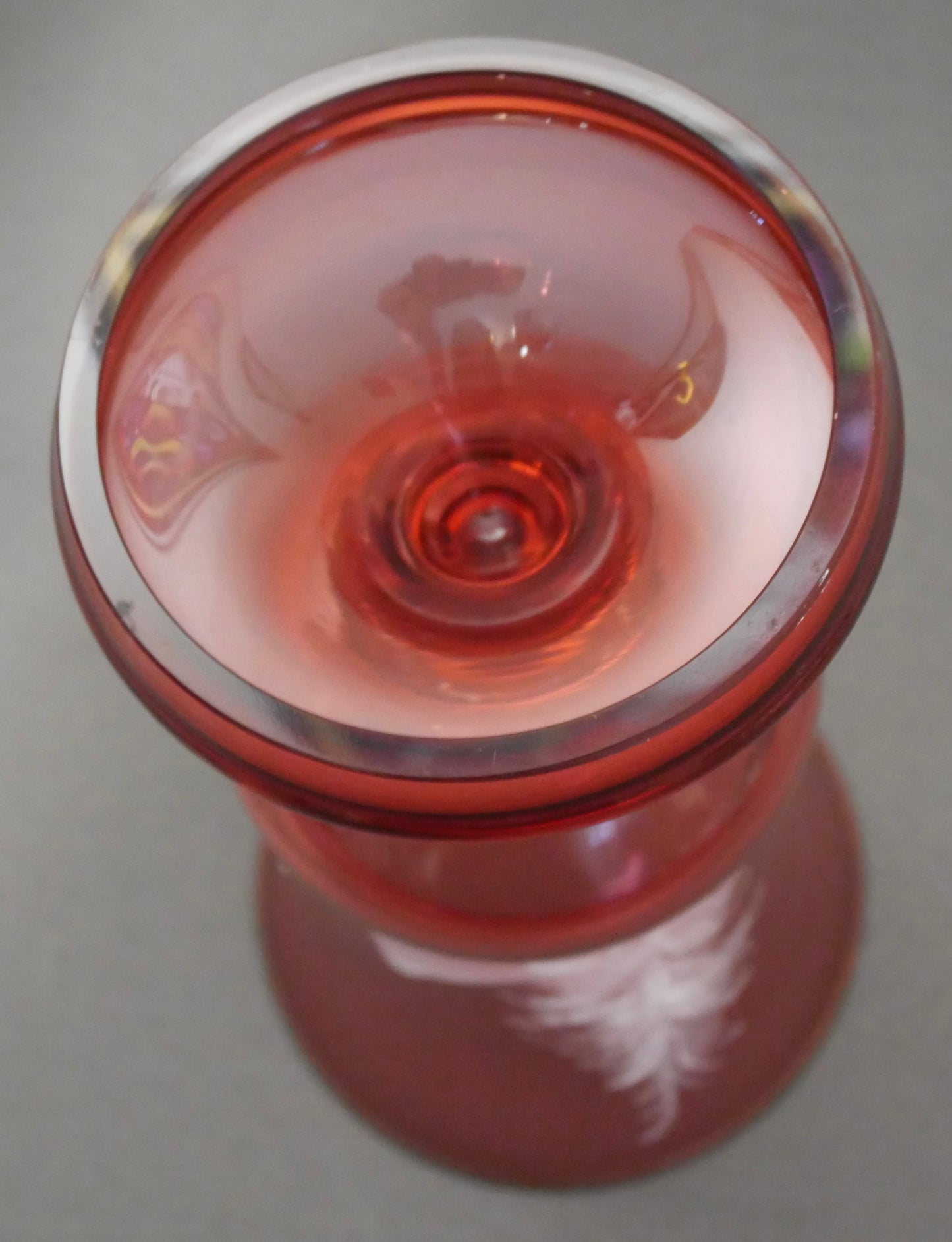 Vintage 1960's Bohemian Mary Gregory Style Cranberry Glass Gilded Hand Painted Boy with Bird/Landscape Motif Medici Vase