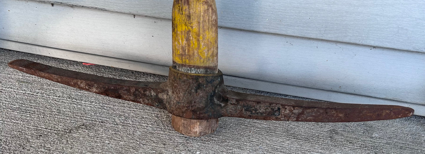 Vintage 1950’s Japanese Hand Forged Cast Iron Head Yellow Painted Wooden Handle Mining Pickaxe Tool