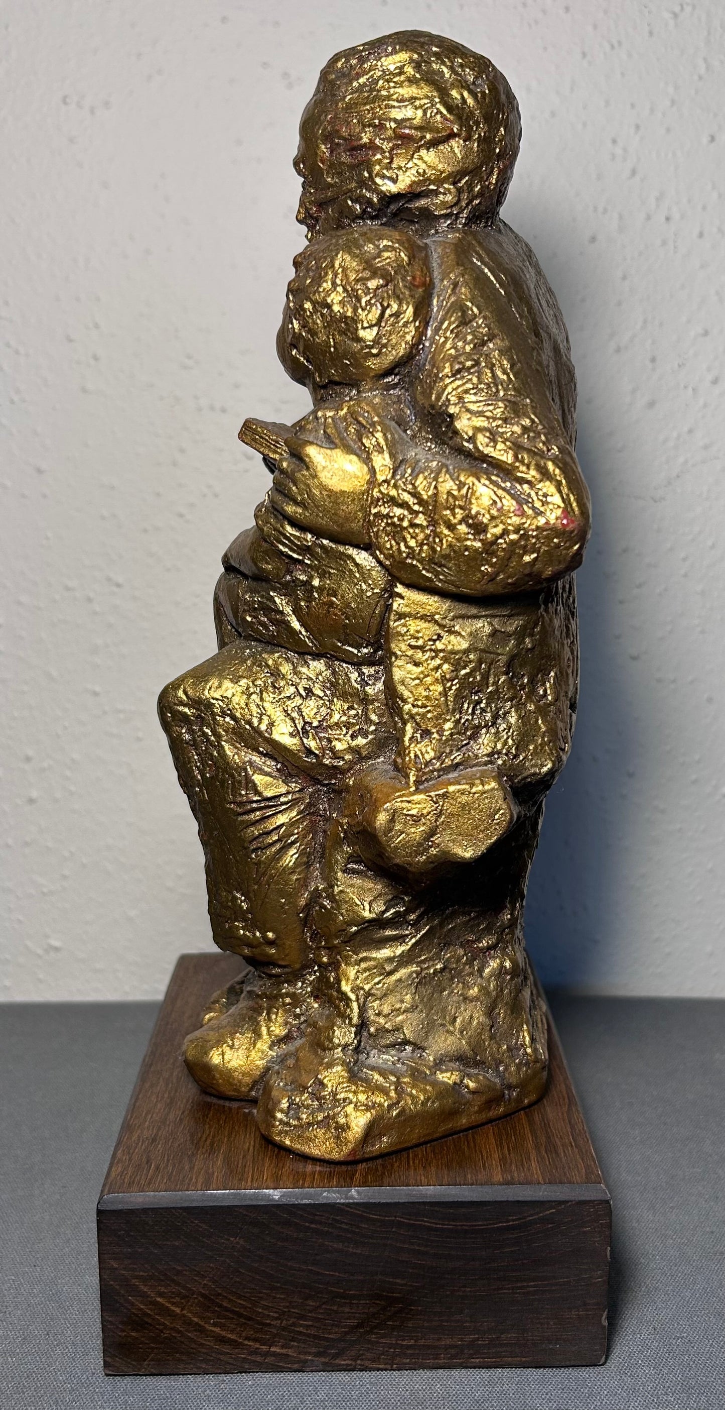 Vintage 1950’s American Borghese-Style Gold-Painted Chalkware Old Man Reading Book to Child Sculpture on Wood Base
