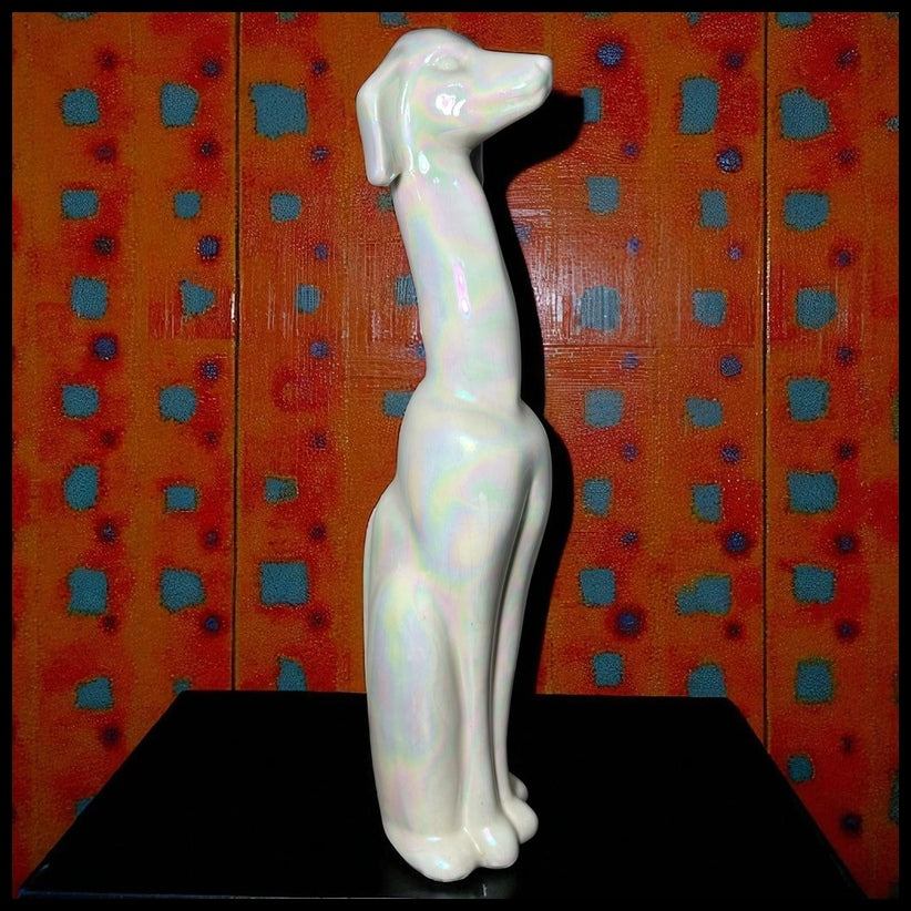 Vintage 1950’s American Mid Century Modern USA Pottery Iridescent White Crackle Glazed Ceramic Greyhound Dog Sculpture (#508)