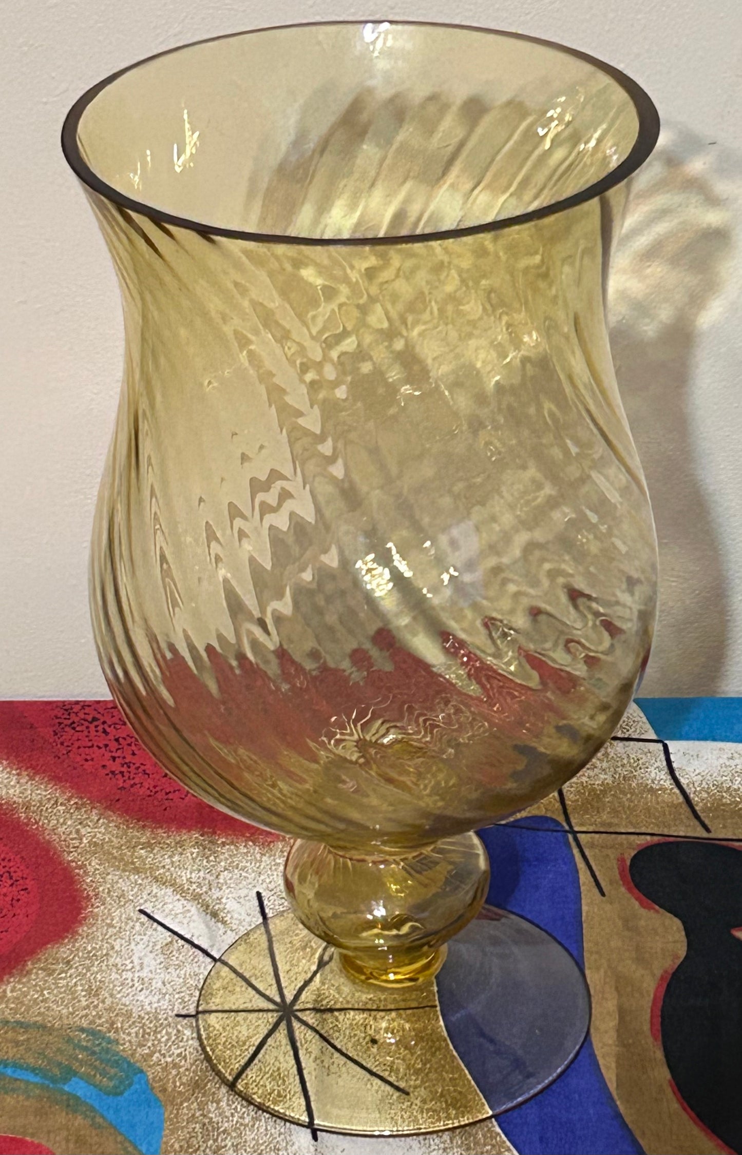 Vintage Circa 1970 Italian Empoli Topaz Glass Optic Swirl Pattern Footed Vase