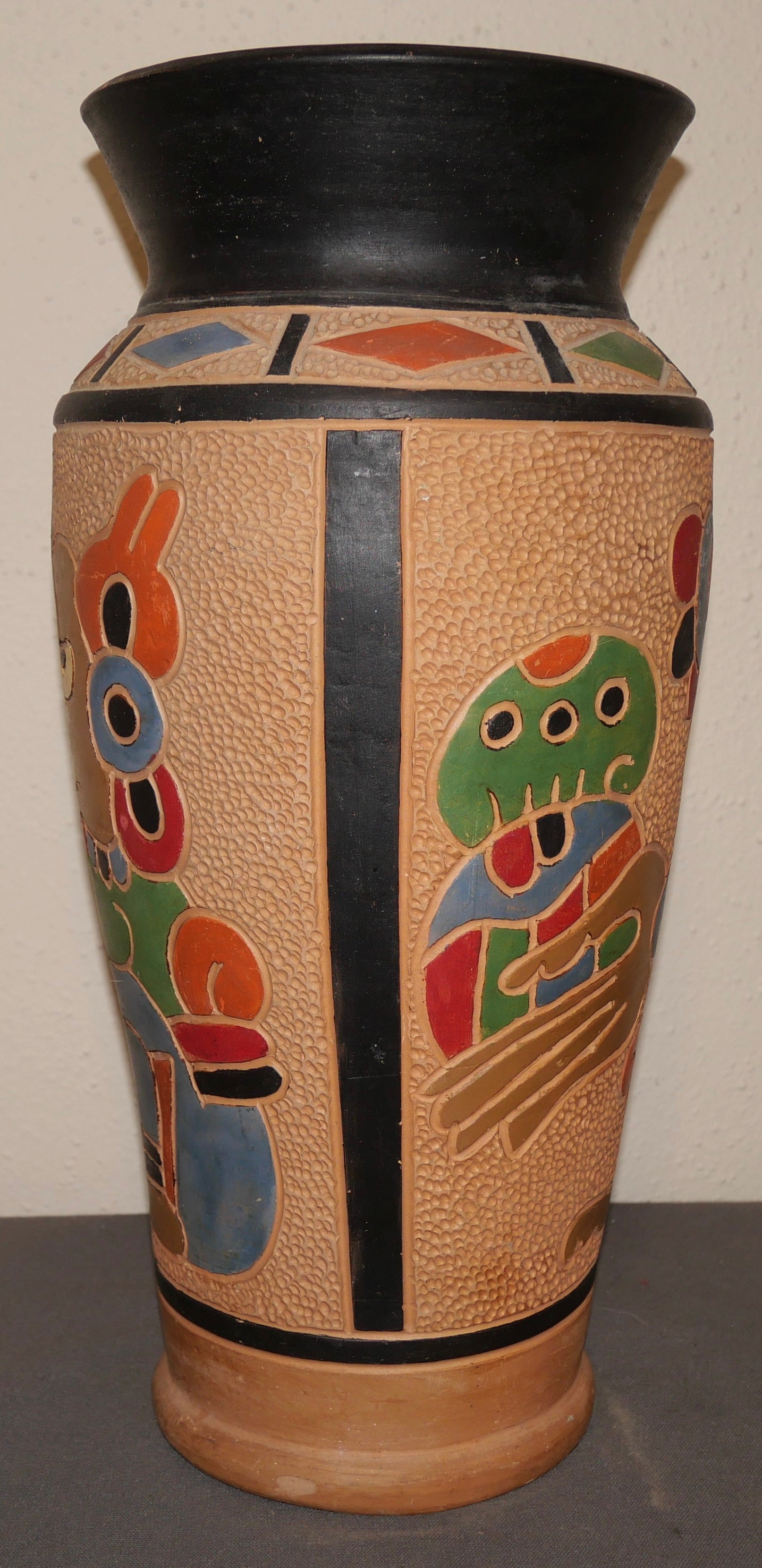 Vintage 1960's Guatemalan Mid Century Modern Clay Aztec Motifs Baluster Vase