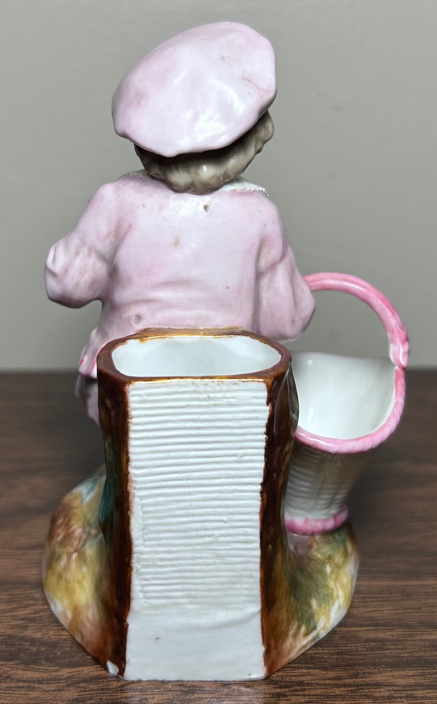 Circa 1870 German Victorian Conta & Boehme Porcelain Young Boy with Flower Basket Figural Matchstick Holder China Fairing