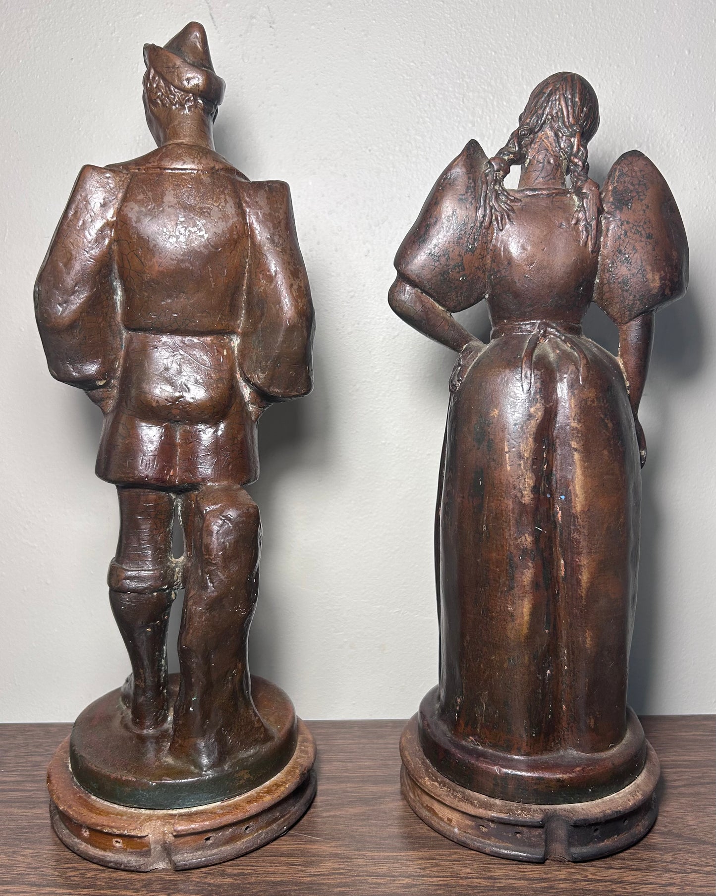Set of 2 Early 20th Century French Bronze-Clad Plaster Breton Man and Woman Sculptures on Wood Bases