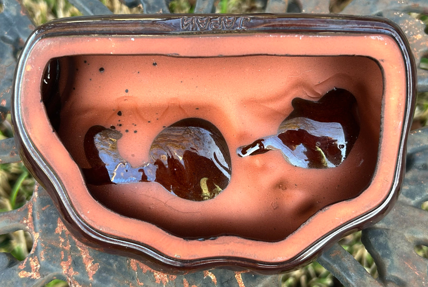 Vintage 1950’s Ceramic Redware Drip Glaze Florida Dolphin Souvenir Ashtray Made in Japan