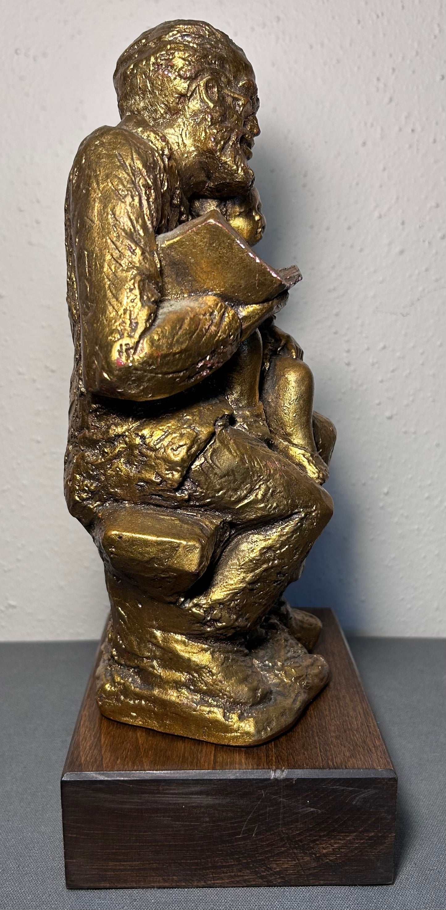 Vintage 1950’s American Borghese-Style Gold-Painted Chalkware Old Man Reading Book to Child Sculpture on Wood Base