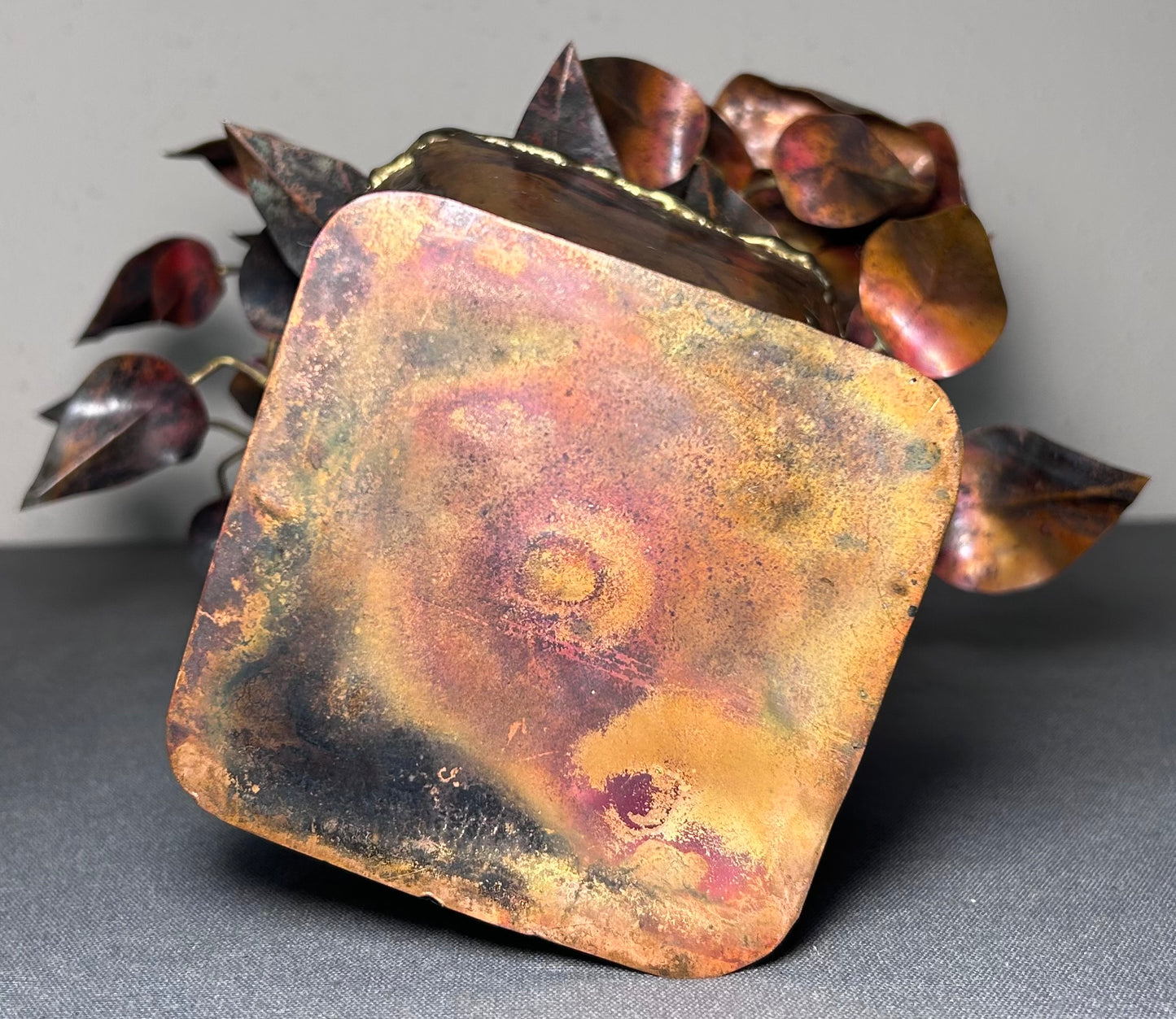 Vintage 1960’s American Brutalist Welded Copper/Brass Roses in Flower Pot Sculpture