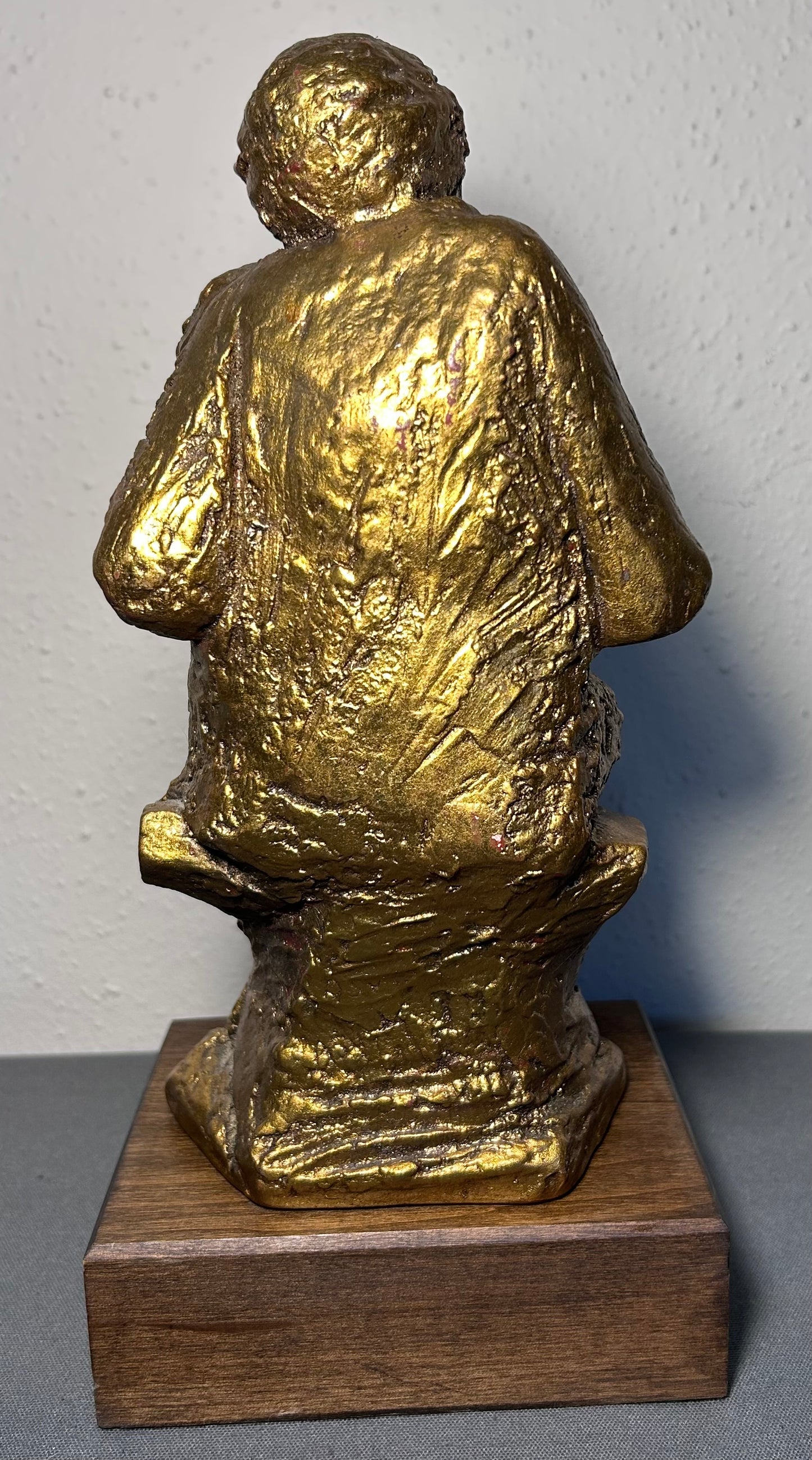 Vintage 1950’s American Borghese-Style Gold-Painted Chalkware Old Man Reading Book to Child Sculpture on Wood Base