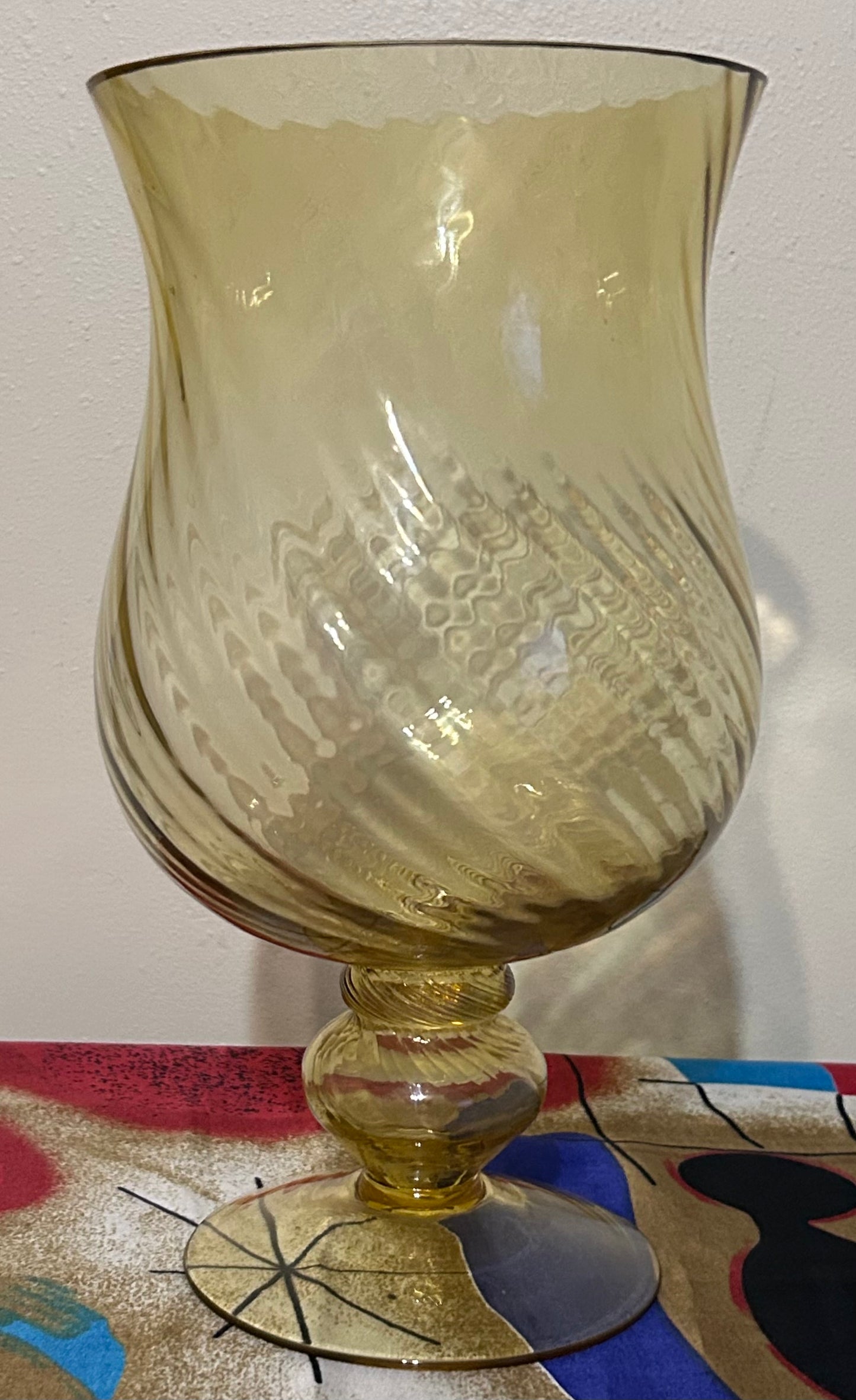 Vintage Circa 1970 Italian Empoli Topaz Glass Optic Swirl Pattern Footed Vase