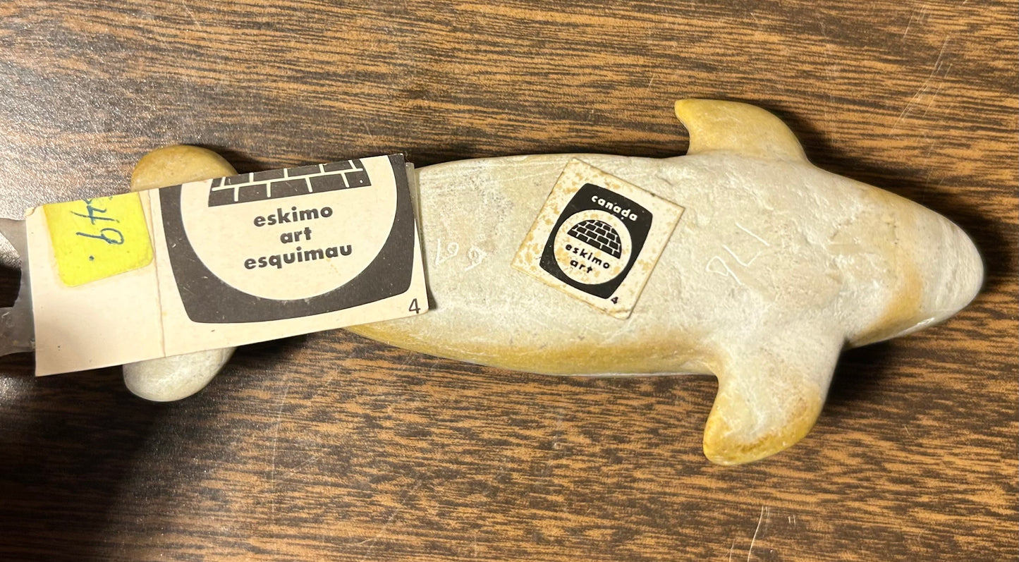 Vintage Canadian Inuit Argillite Stone Whale Carving by Simeonie Kavik (20th Century)