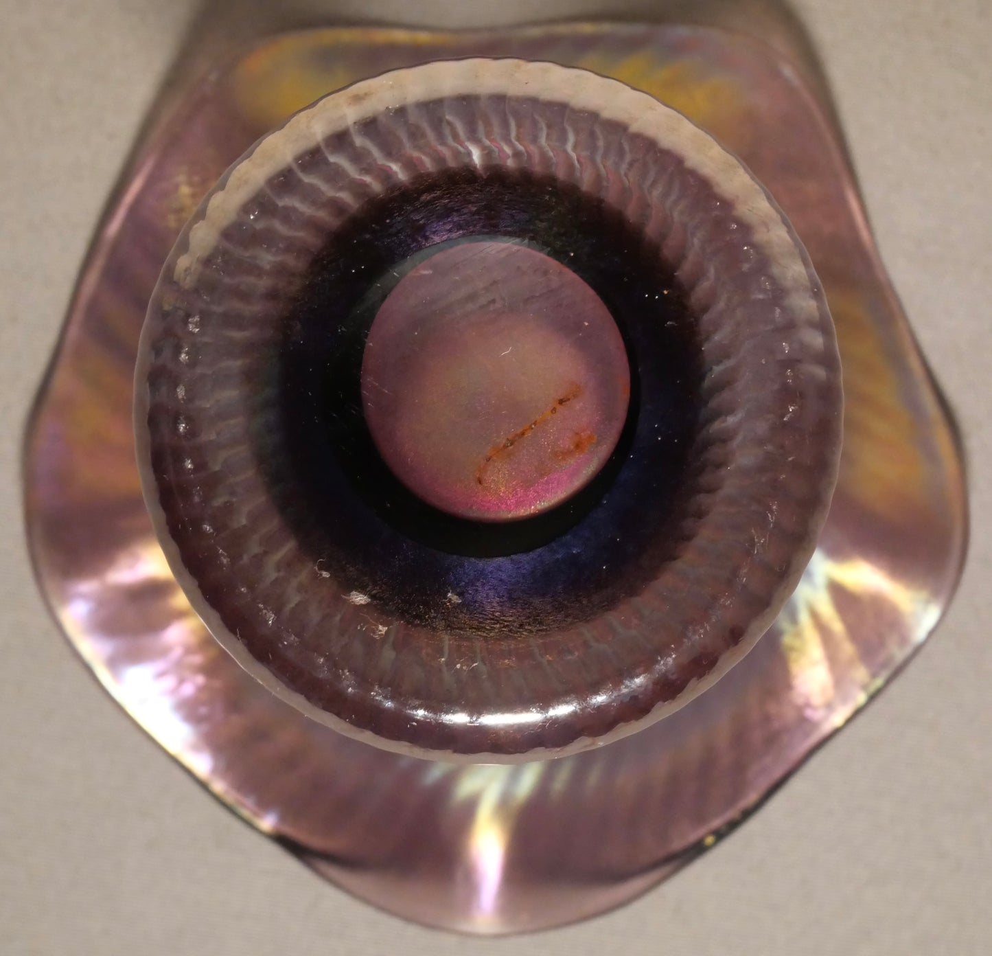 Early 20th Century Bohemian Art Nouveau Freiherr von Poschinger Iridescent Amethyst Glass Fine Ribbed Ruffled Edge Stretch Vase