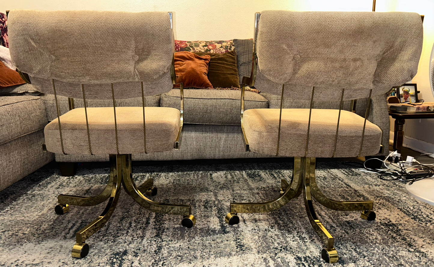 Set of 2 Vintage 1980’s American Hollywood Regency Chromcraft Brass Style Metal/Beige Upholstered Rolling Accent Armchairs