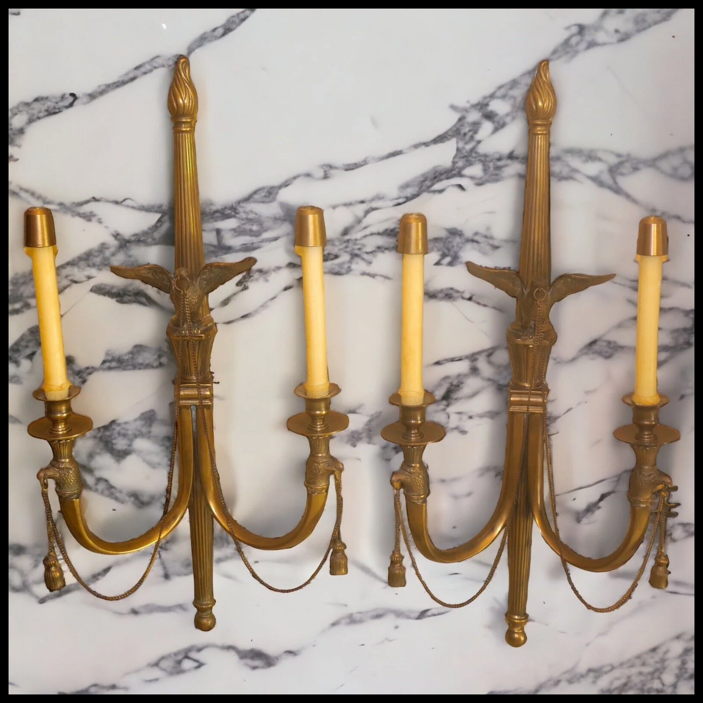 Pair of 1980's American Federal Style Gilt Brass Eagle/Torch Candelabra Sconces