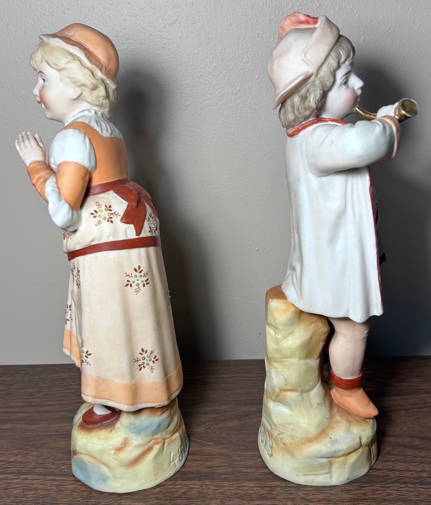 Set of 2 Late 19th Century German Victorian Conta & Boehme Bisque Porcelain Young Boy and Girl Figurines