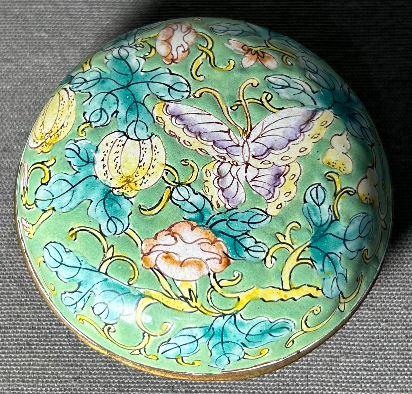 Vintage 1986 Knights of Sparta Chinese-Style Cloisonne on Brass Butterfly/Floral Motifs Round Trinket Box Mardi Gras Krewe Favor