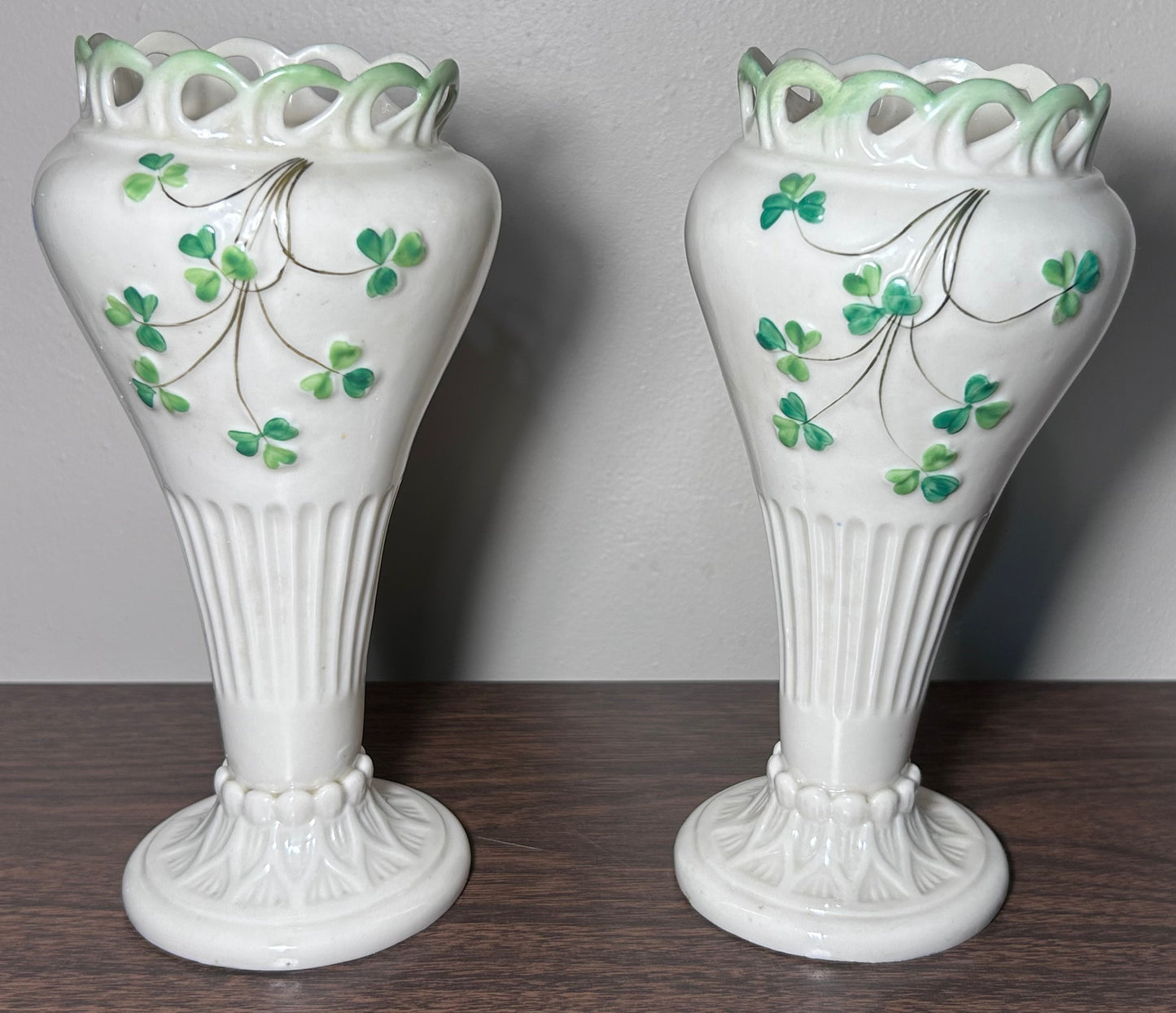 Pair of 1891-1926 Irish Belleek Porcelain Pierced Shamrock Vases (2nd Mark)
