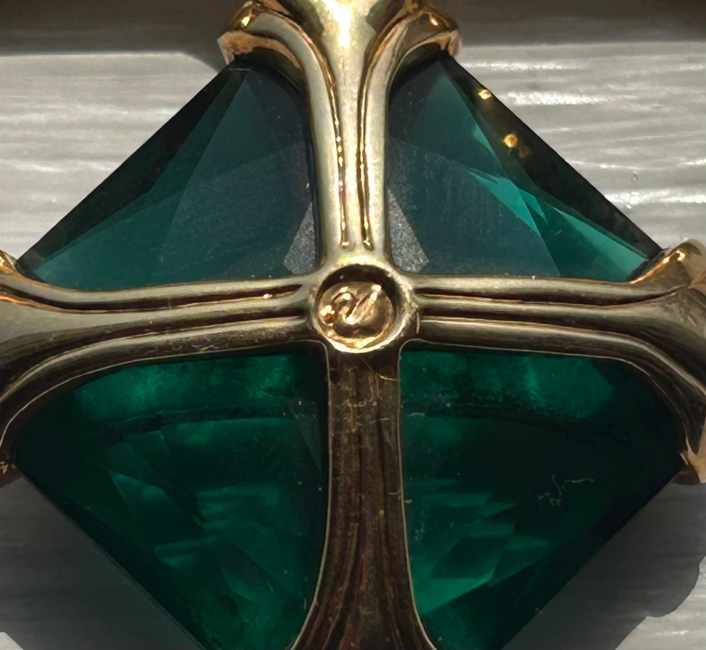 Vintage Circa 1990 Austrian Swarovski Gold-Plated Metal Pavé-Set Ribbon/Dangling Simulated Double-Pyramid Cut Emerald Green Crystal Jewel Brooch