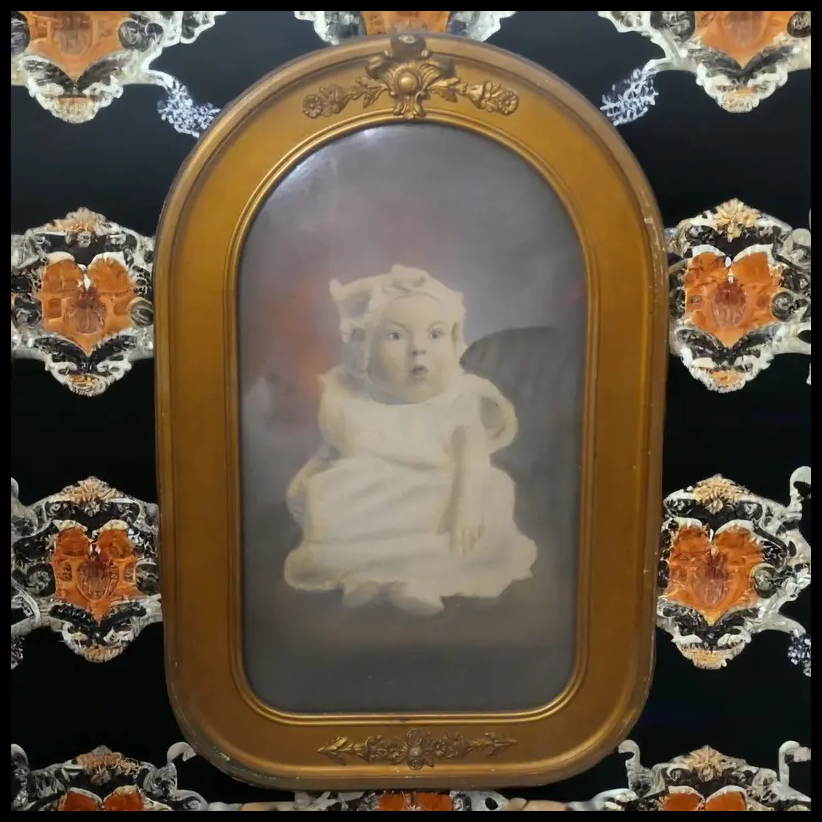 Circa 1900 American Victorian Baby Portrait Color Photograph in Gilt Gesso Wood Convex Bubble Glass Frame