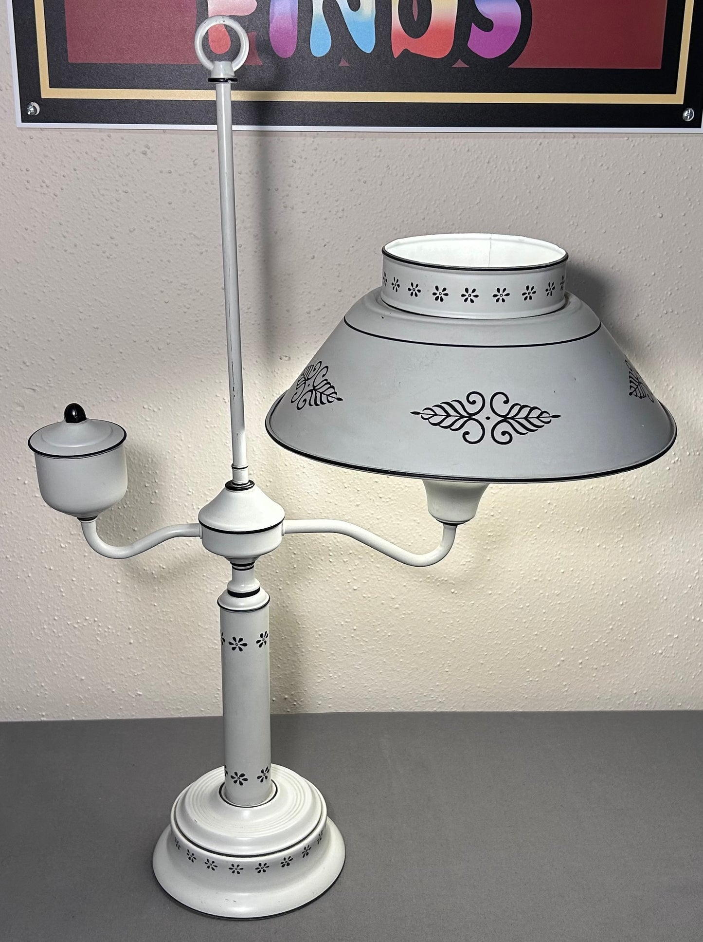 Vintage Mid 20th Century American Country Style White/Black Toleware Metal Student Desk Lamp