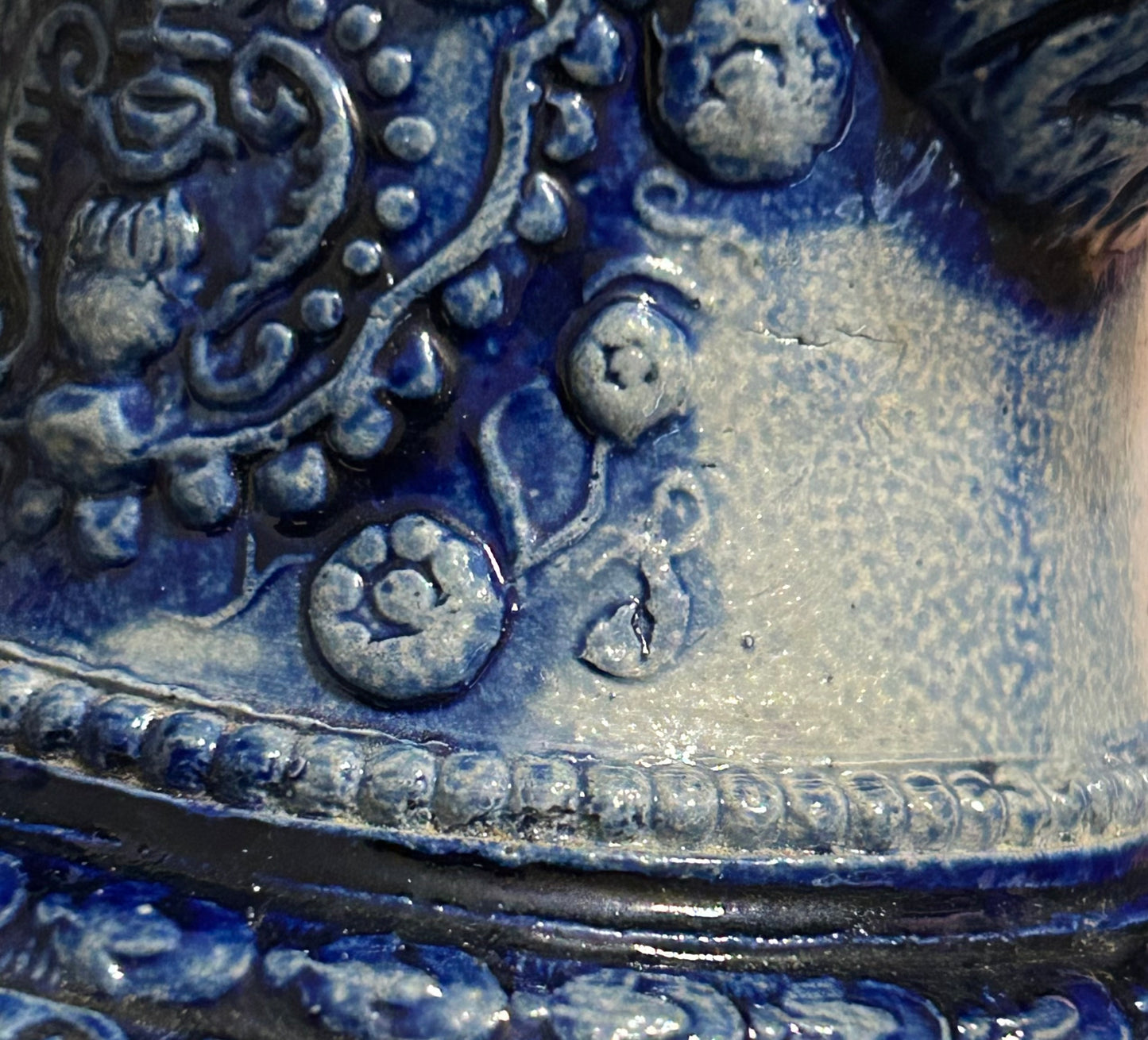 Mid 19th Century German Renaissance Revival Style Westerwald Salt Glazed Stoneware Coat of Arms Motif Satyr Spout Bulbous Footed Ewer