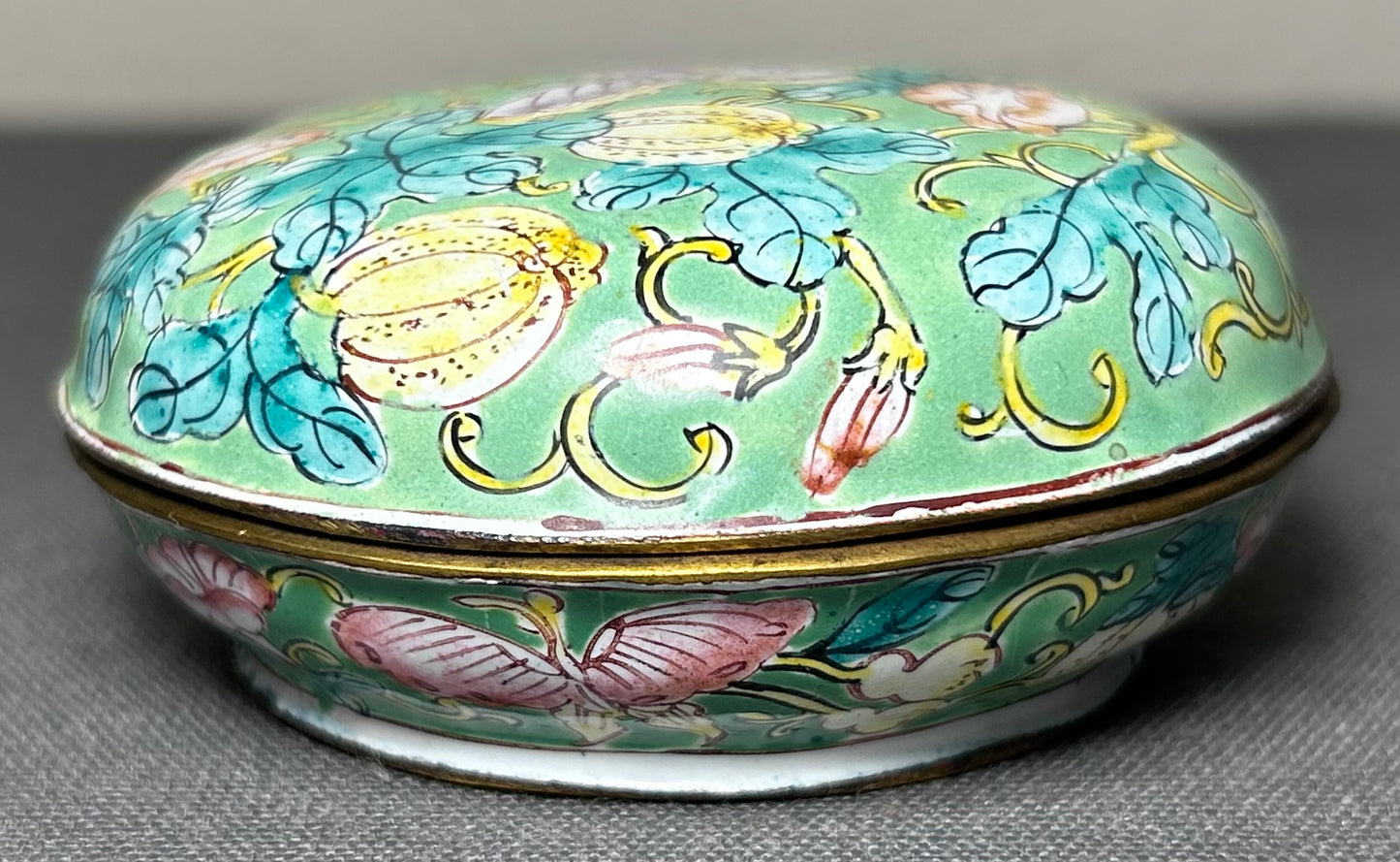 Vintage 1986 Knights of Sparta Chinese-Style Cloisonne on Brass Butterfly/Floral Motifs Round Trinket Box Mardi Gras Krewe Favor