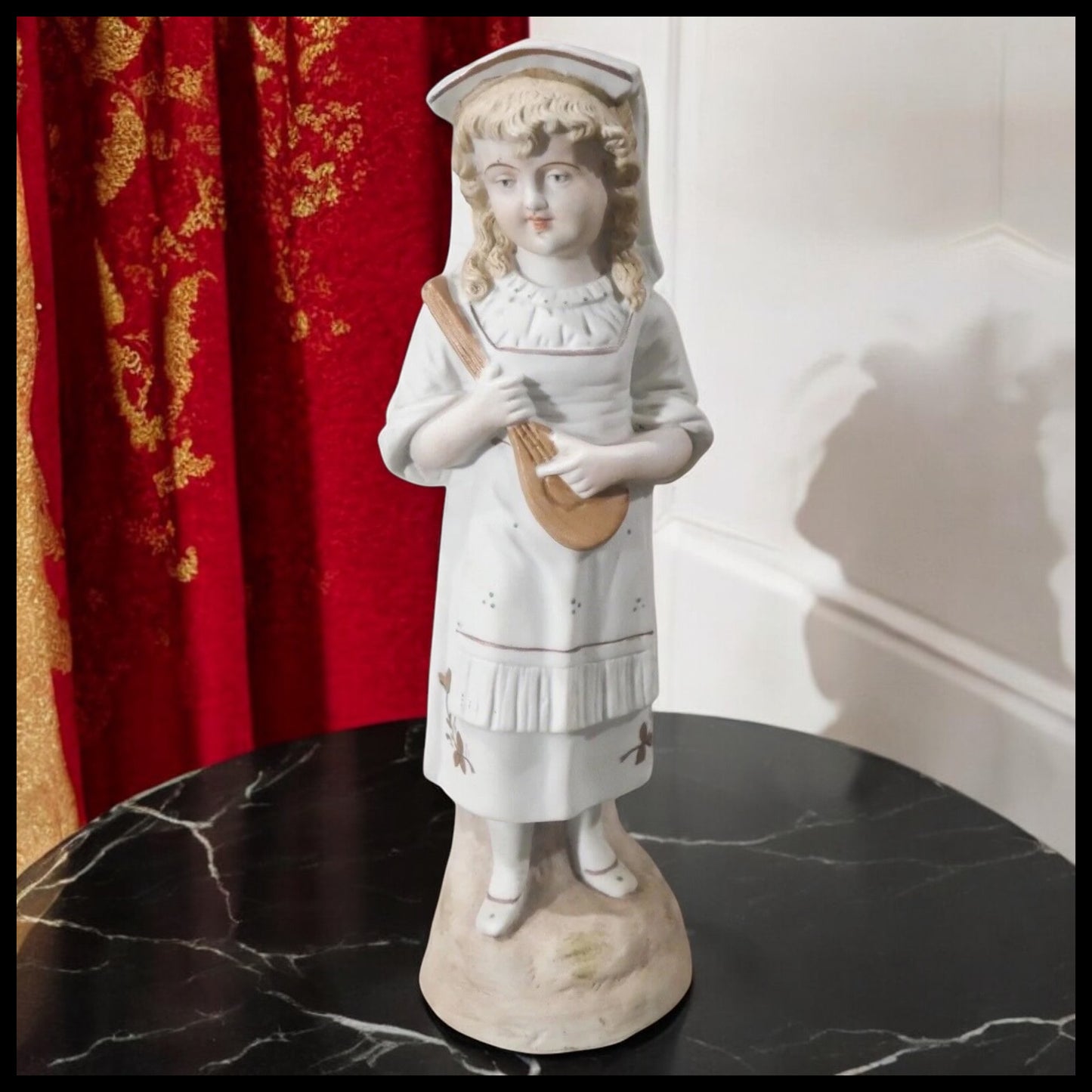Late 19th Century German Victorian Bisque Porcelain Girl with Mandolin Figurine