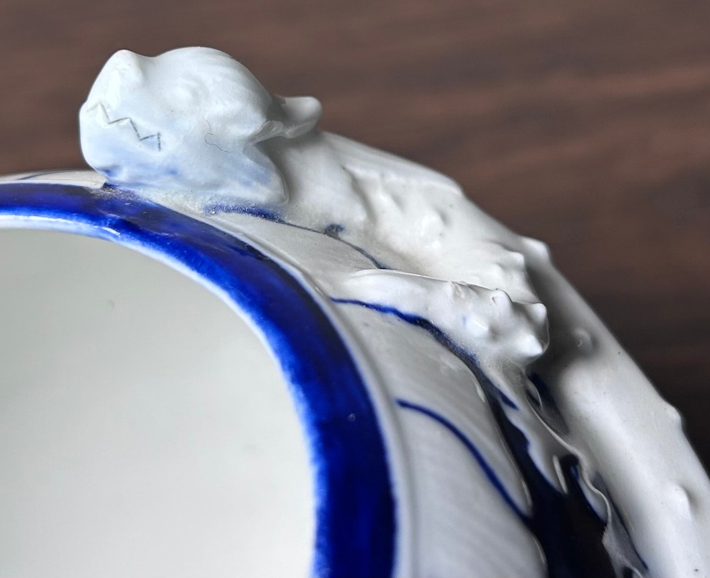 1885 English Victorian Royal Worcester Porcelain Japanesque Style Porcelain Brush Washer Form White/Cobalt Blue Raised Relief Dragon Motif Small Rotund Vase