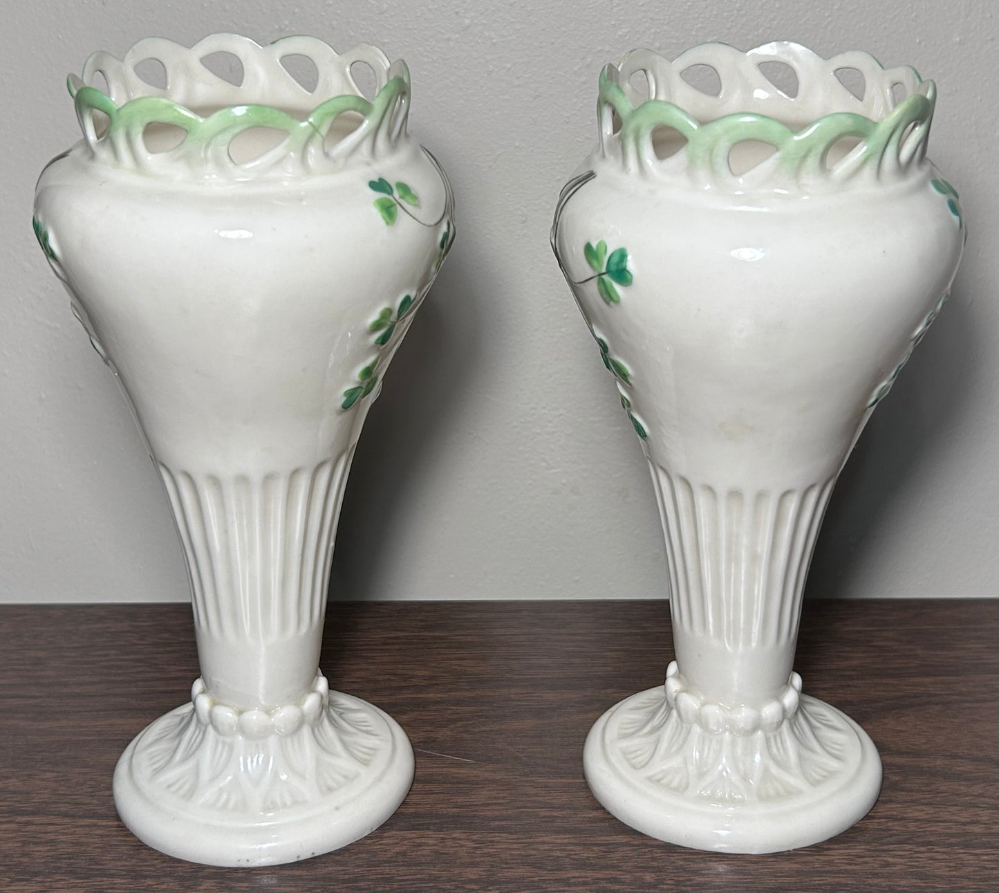 Pair of 1891-1926 Irish Belleek Porcelain Pierced Shamrock Vases (2nd Mark)