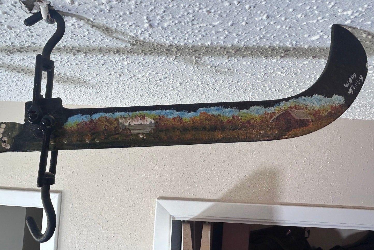 Vintage American Hand-Painted Cotton Field Scene Early 20th Century Cast Iron Hanging Balance Scale Folk Art Piece by Wendy Tulley