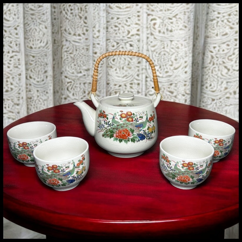 Vintage 1970’s Japanese Kutani Porcelain Peacock/Floral Motifs Six-Piece Teapot and Teacups Set