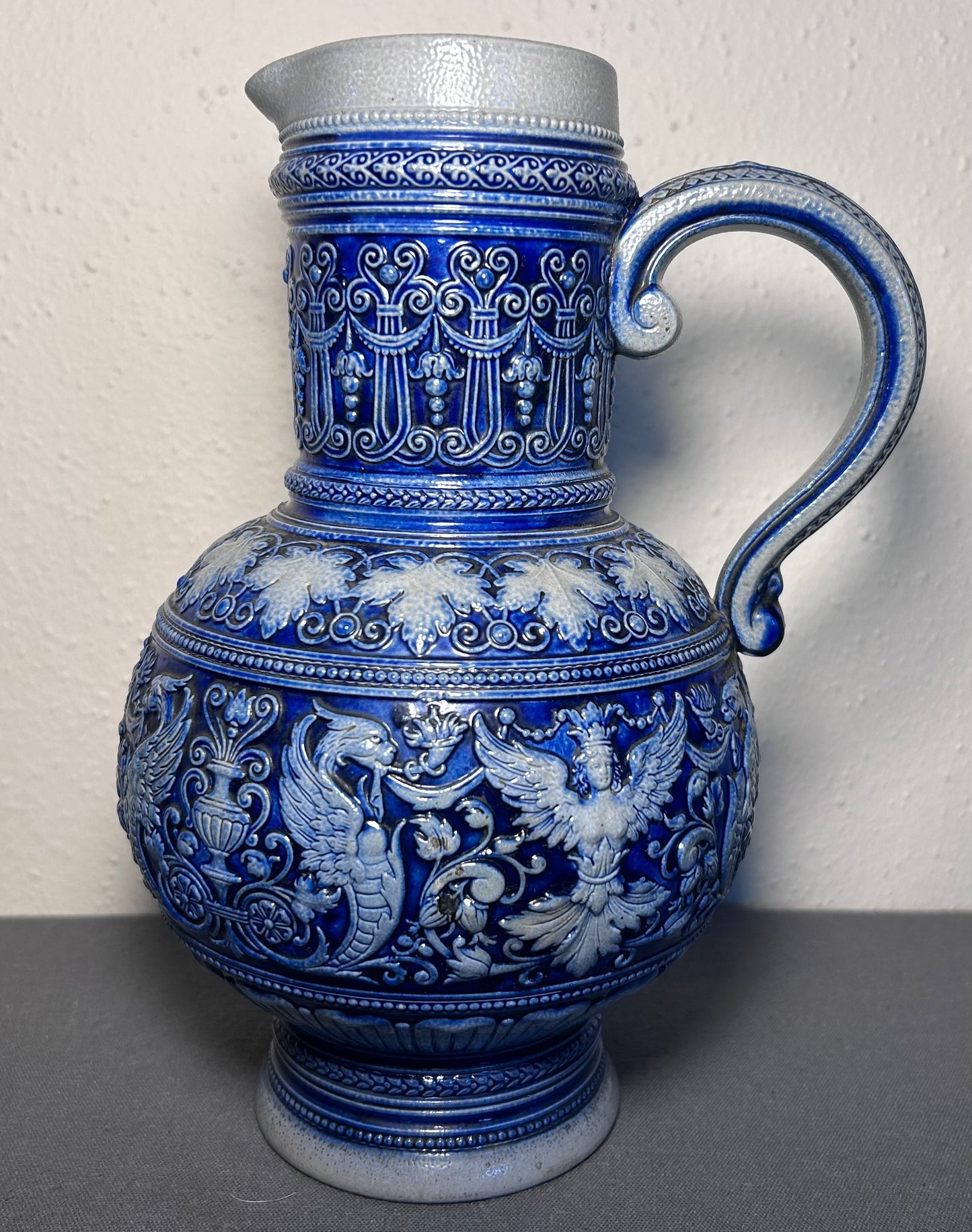 Late 19th Century German Renaissance Revival Style Marzi & Remy Westerwald Salt Glazed Stoneware Ewer