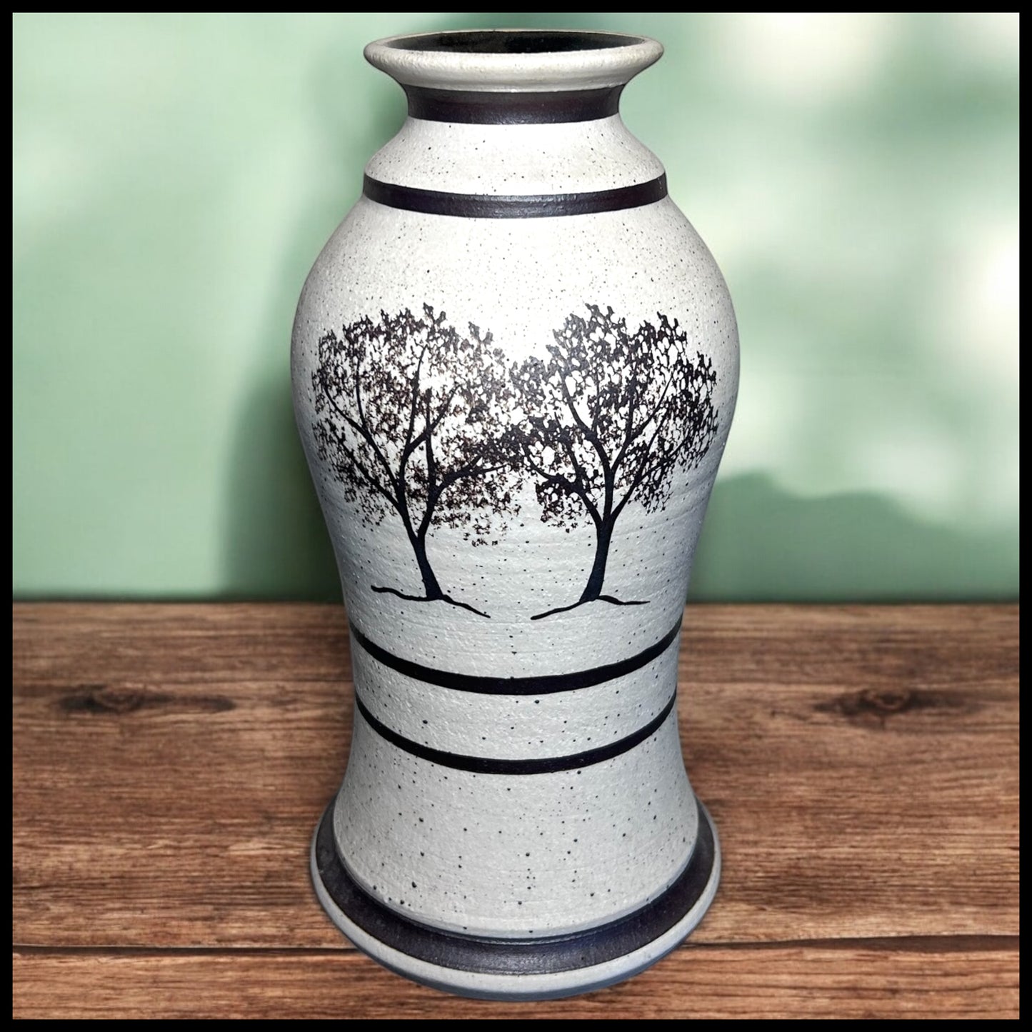 Vintage Contemporary Style Studio Pottery Speckled Stoneware Trees Motif Baluster Vase Signed JS (20th Century)