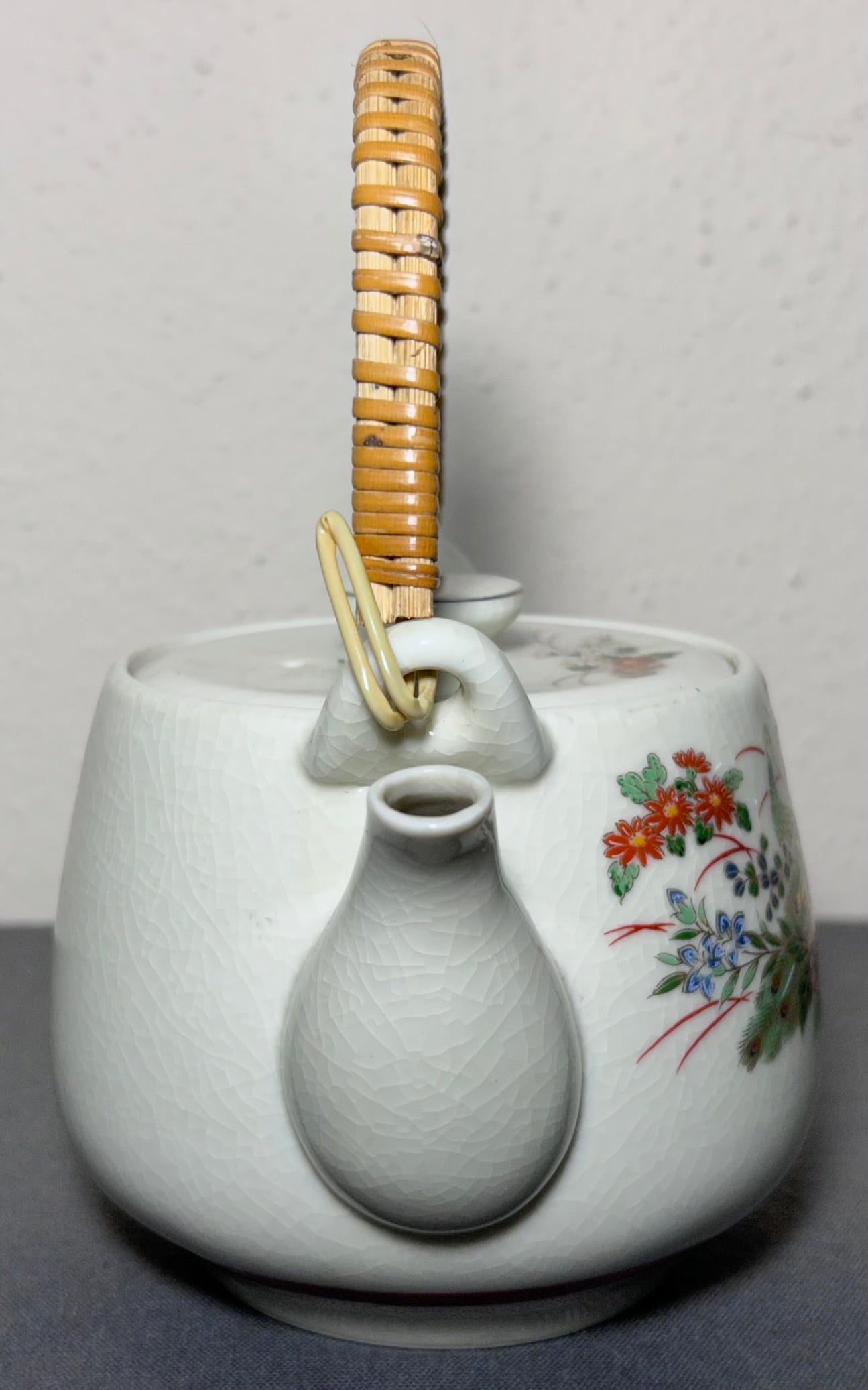 Vintage 1970’s Japanese Kutani Porcelain Peacock/Floral Motifs Six-Piece Teapot and Teacups Set
