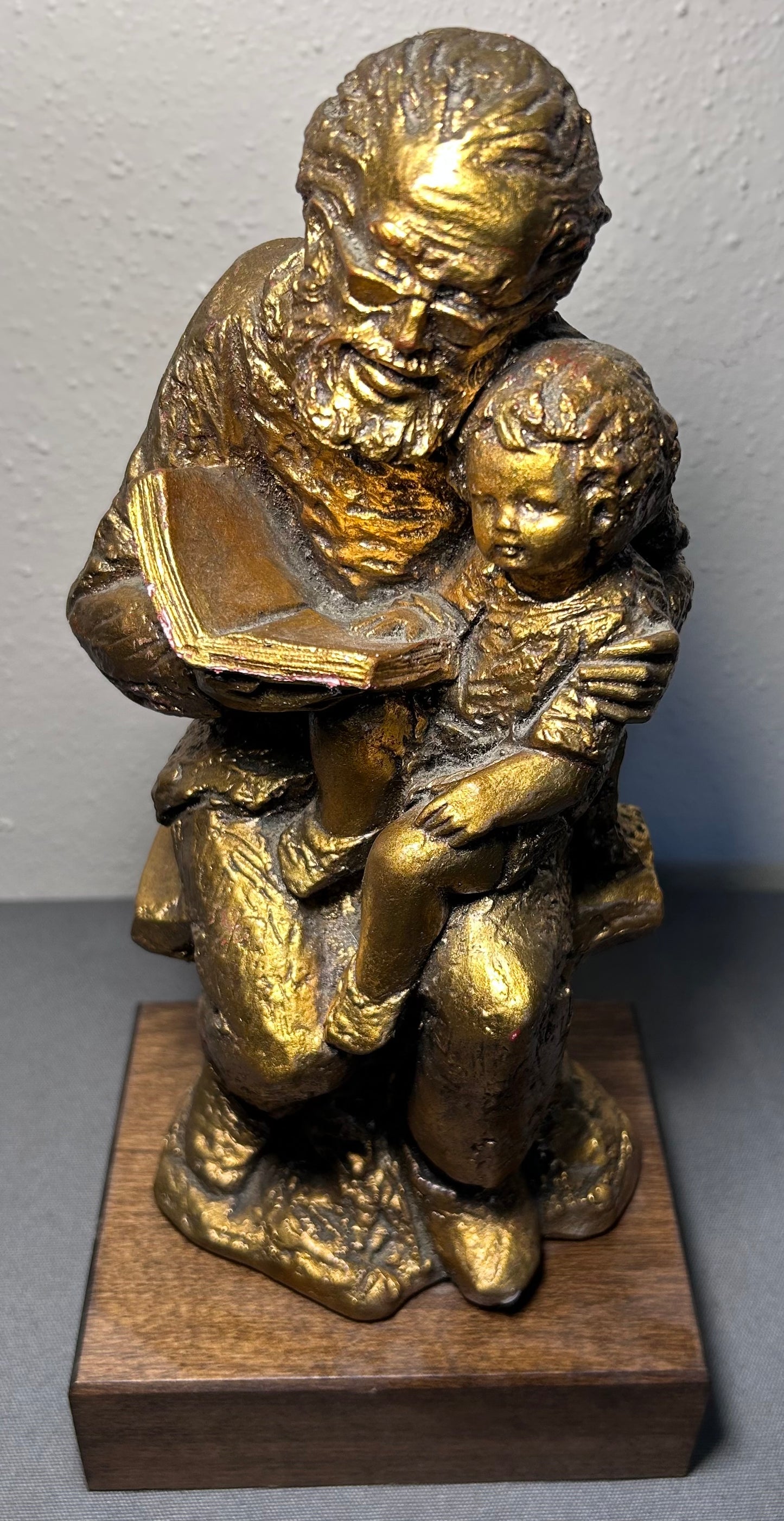 Vintage 1950’s American Borghese-Style Gold-Painted Chalkware Old Man Reading Book to Child Sculpture on Wood Base