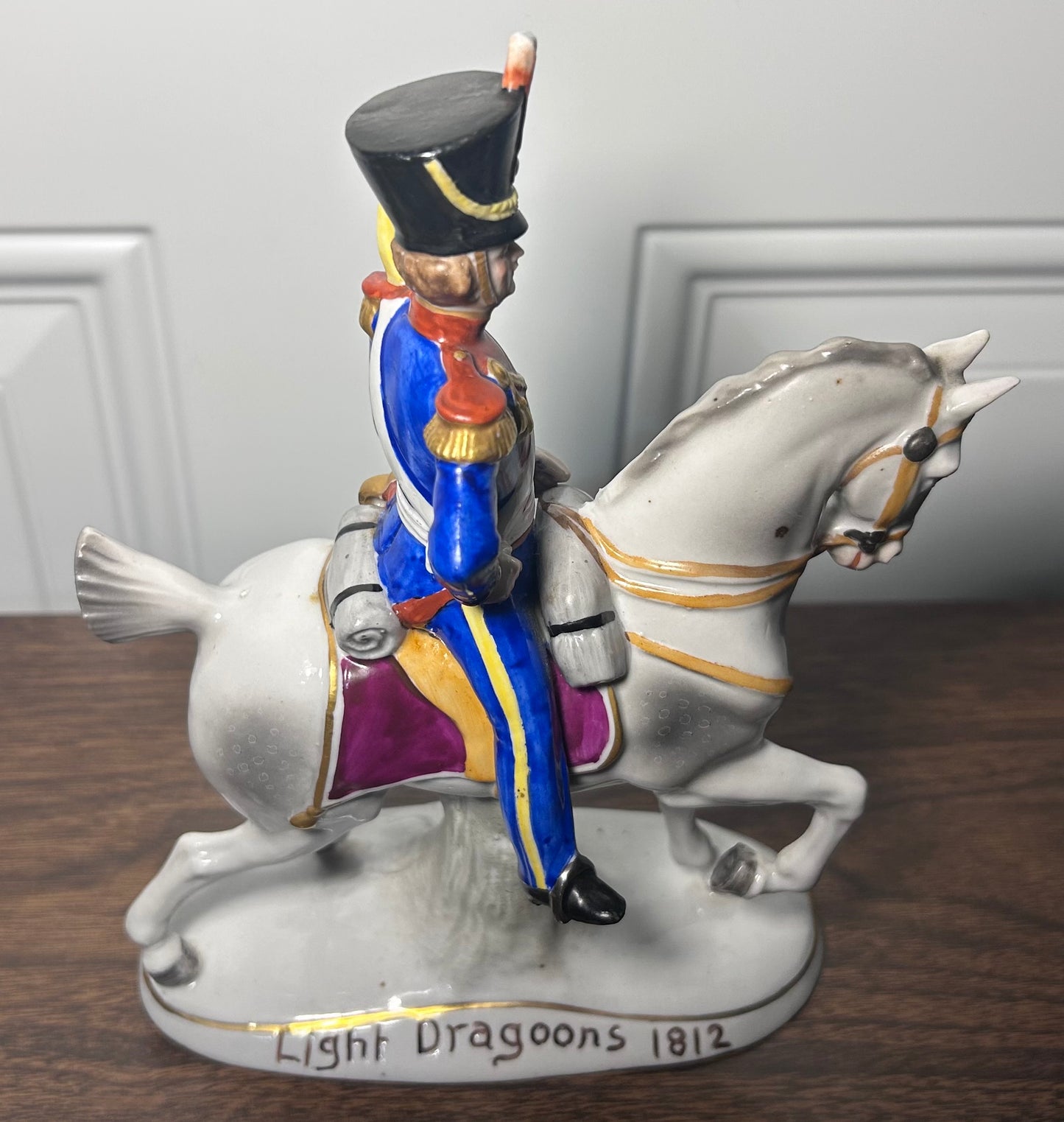 1918-1920 German Sitzendorf Porcelain Light Dragoons 1812 Military Officer on Horseback Figurine