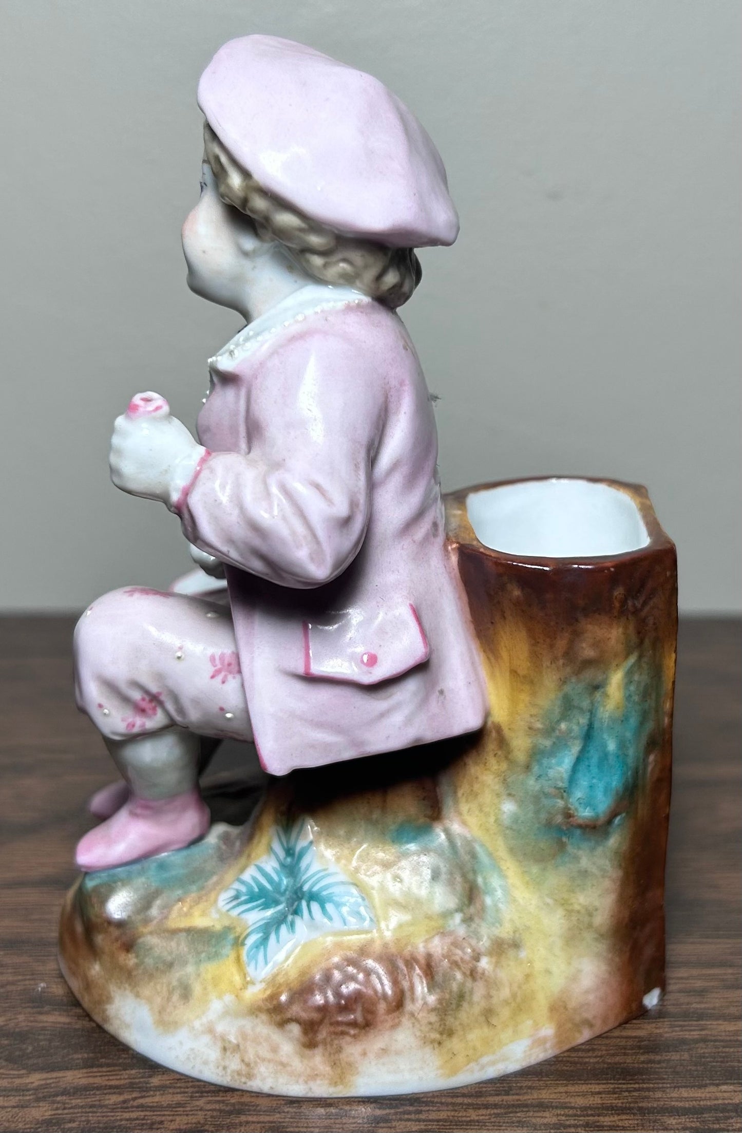 Circa 1870 German Victorian Conta & Boehme Porcelain Young Boy with Flower Basket Figural Matchstick Holder China Fairing