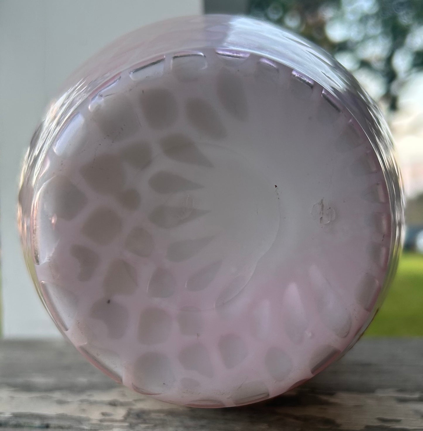 Late 19th Century Bohemian Victorian Harrach Pink/White Cased Glass Quilted Diamond Pattern Hand-Painted Floral/Butterfly Motifs Crimped Rim Bulbous Fan Vase