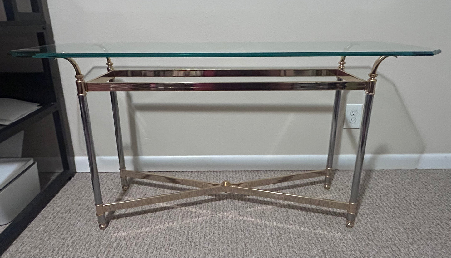 Vintage 1970’s French Maison Jansen Style Brass/Chrome Metal Base Beveled Glass Top Console Table